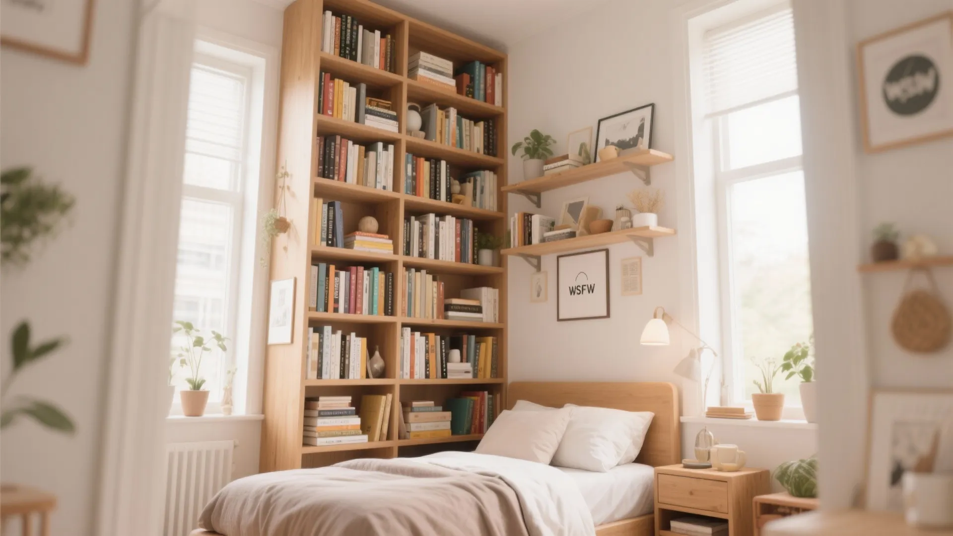 Cozy small bedroom featuring a tall wooden floor-to-ceiling bookshelf filled with books and wall shelves