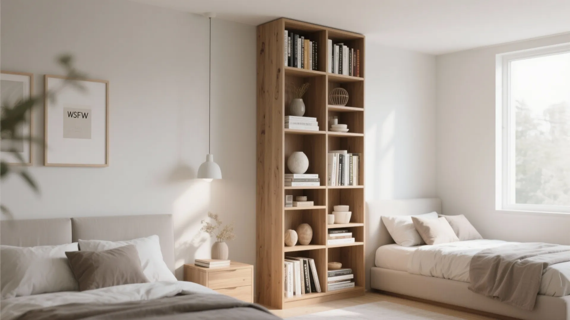 Tall wooden bookshelf standing between two white beds in a bright and modern bedroom interior