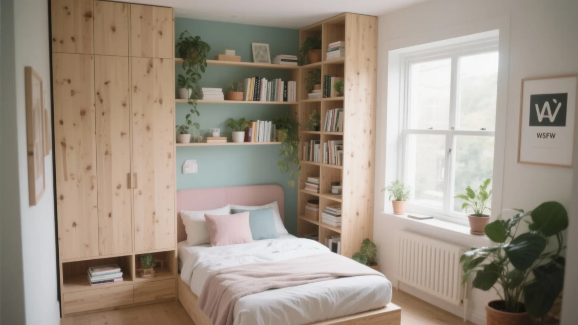 Small bedroom featuring wooden floor to ceiling cabinet tall bookshelf and a pink headboard bed