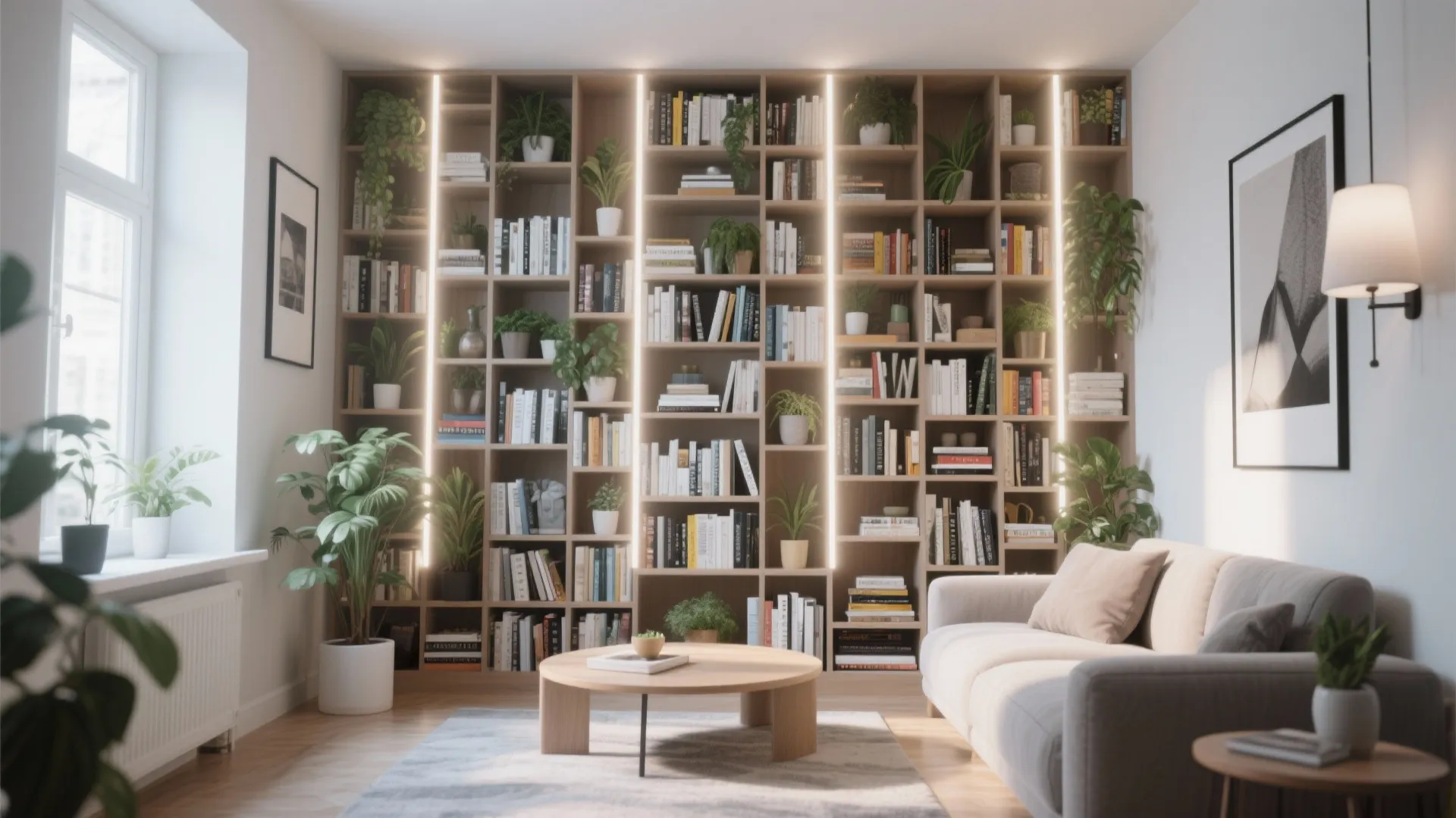 Bright living room with floor to ceiling wooden cabinet filled with books plants and integrated lighting