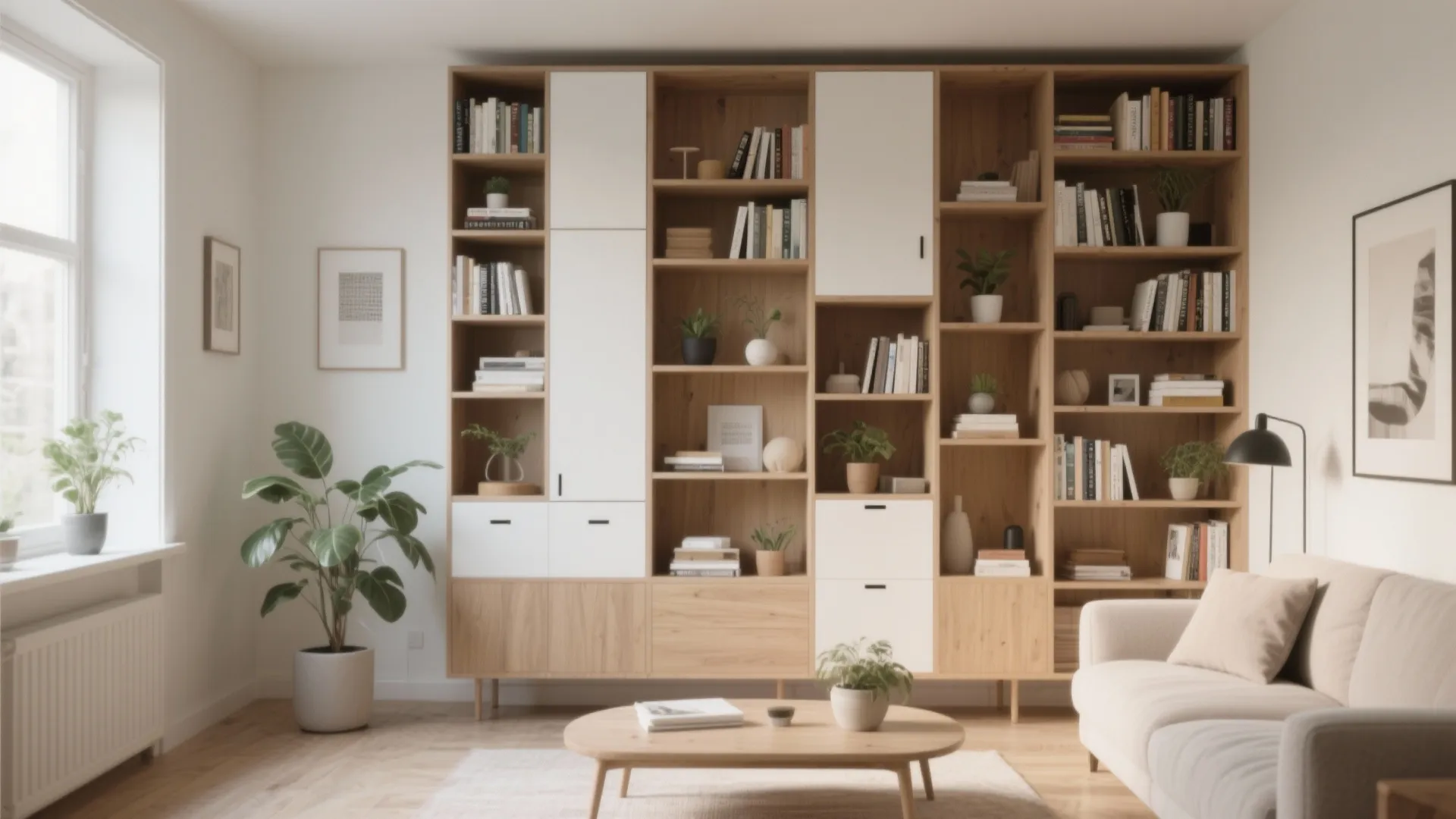 Large wooden cabinet with books and plants next to a white sofa in bright room