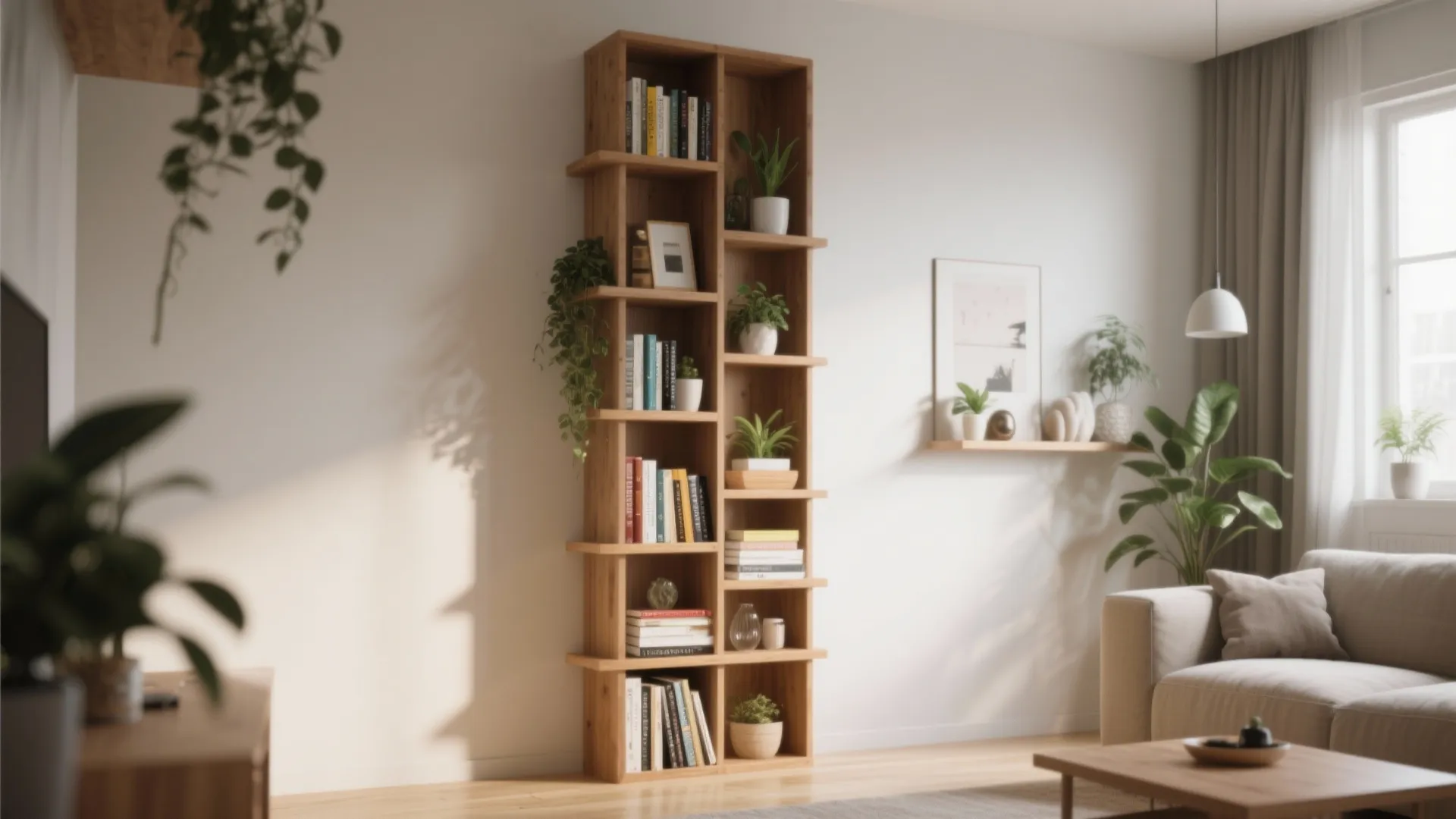 Tall wooden bookshelf with books and small potted plants standing against a white living room wall