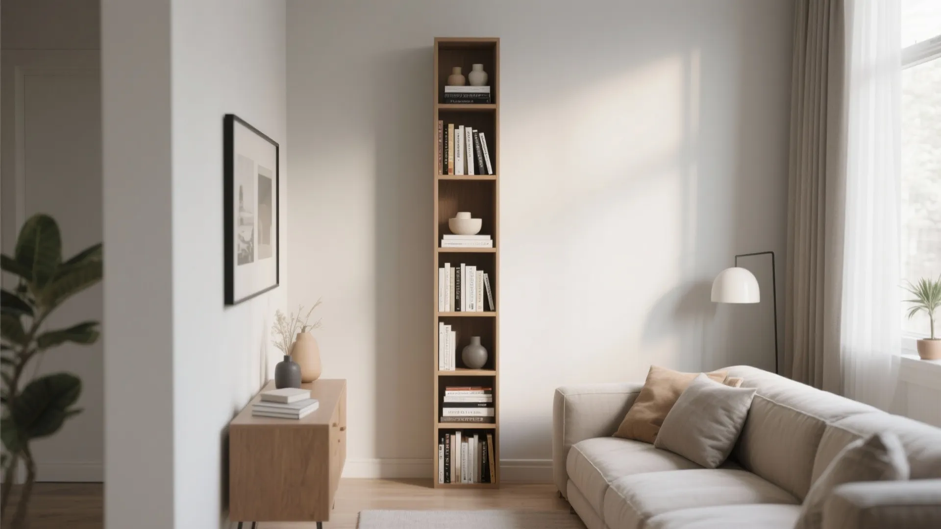 Minimalist living room with tall wood shelving unit next to a sofa and floor light