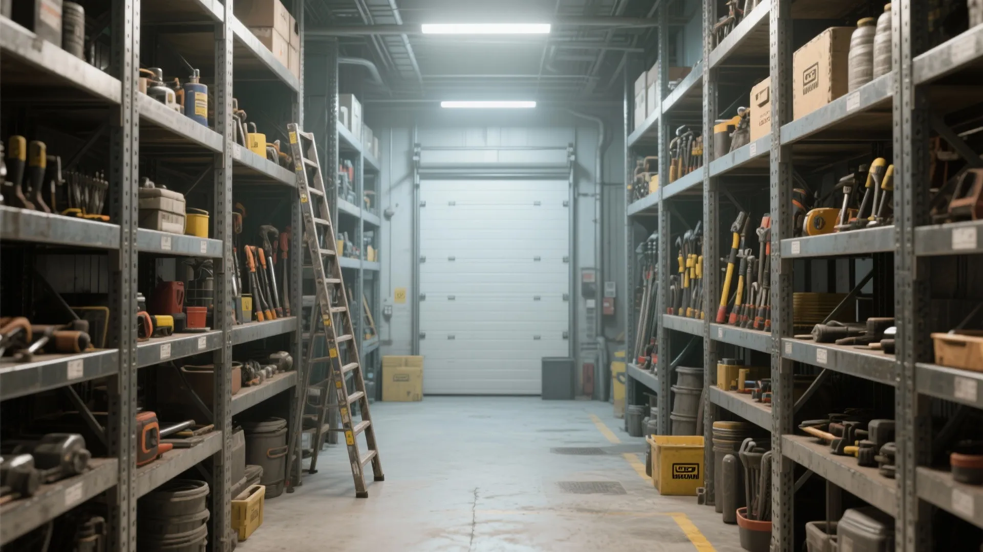 Industrial warehouse storage room with metal shelving units a tall ladder and large white door
