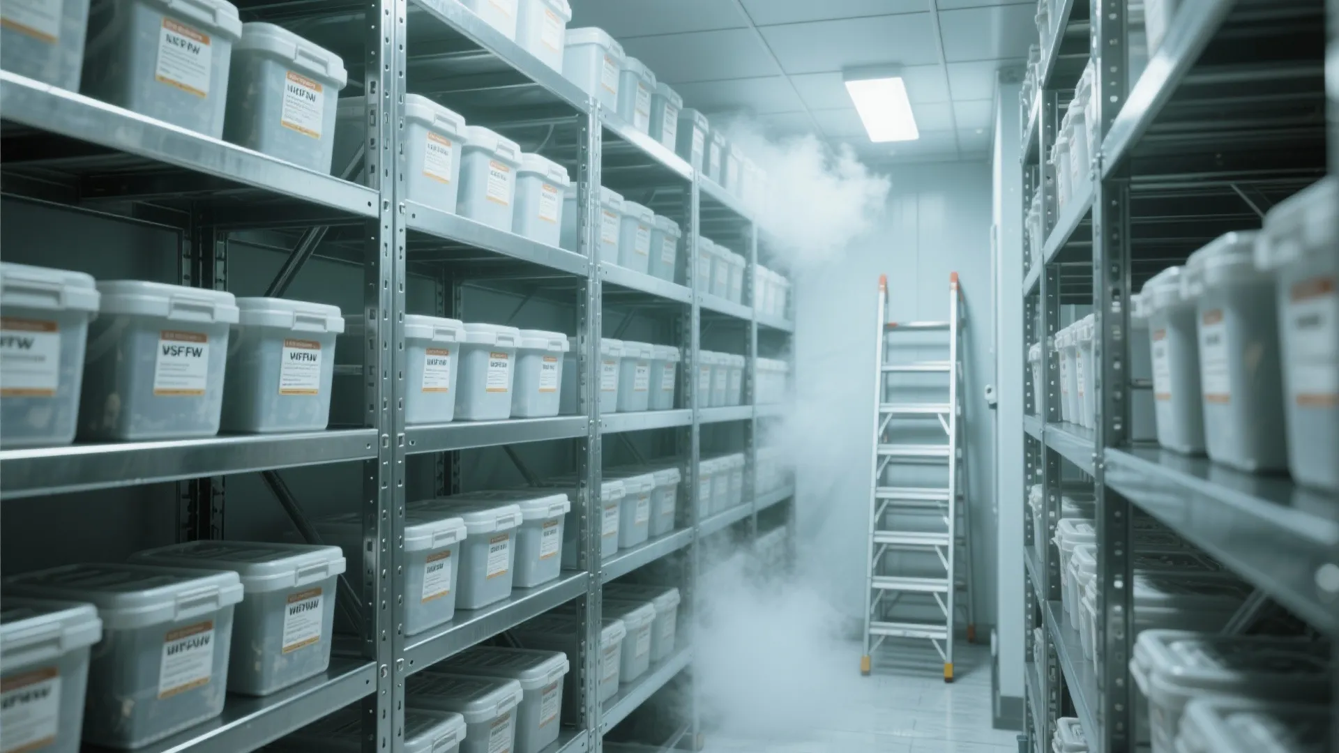 Tall freezer room shelving units with ladder access