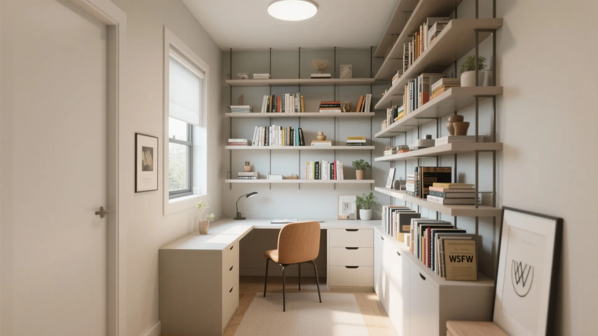 Home office with white desk brown chair wall shelves full of books and natural light