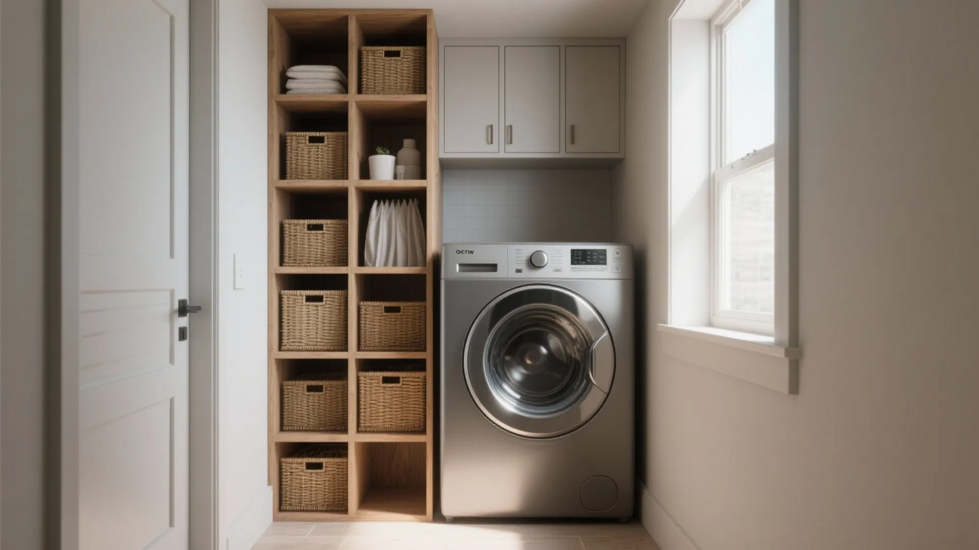 Modern laundry room with silver washing machine tall wooden shelving unit and small bright window