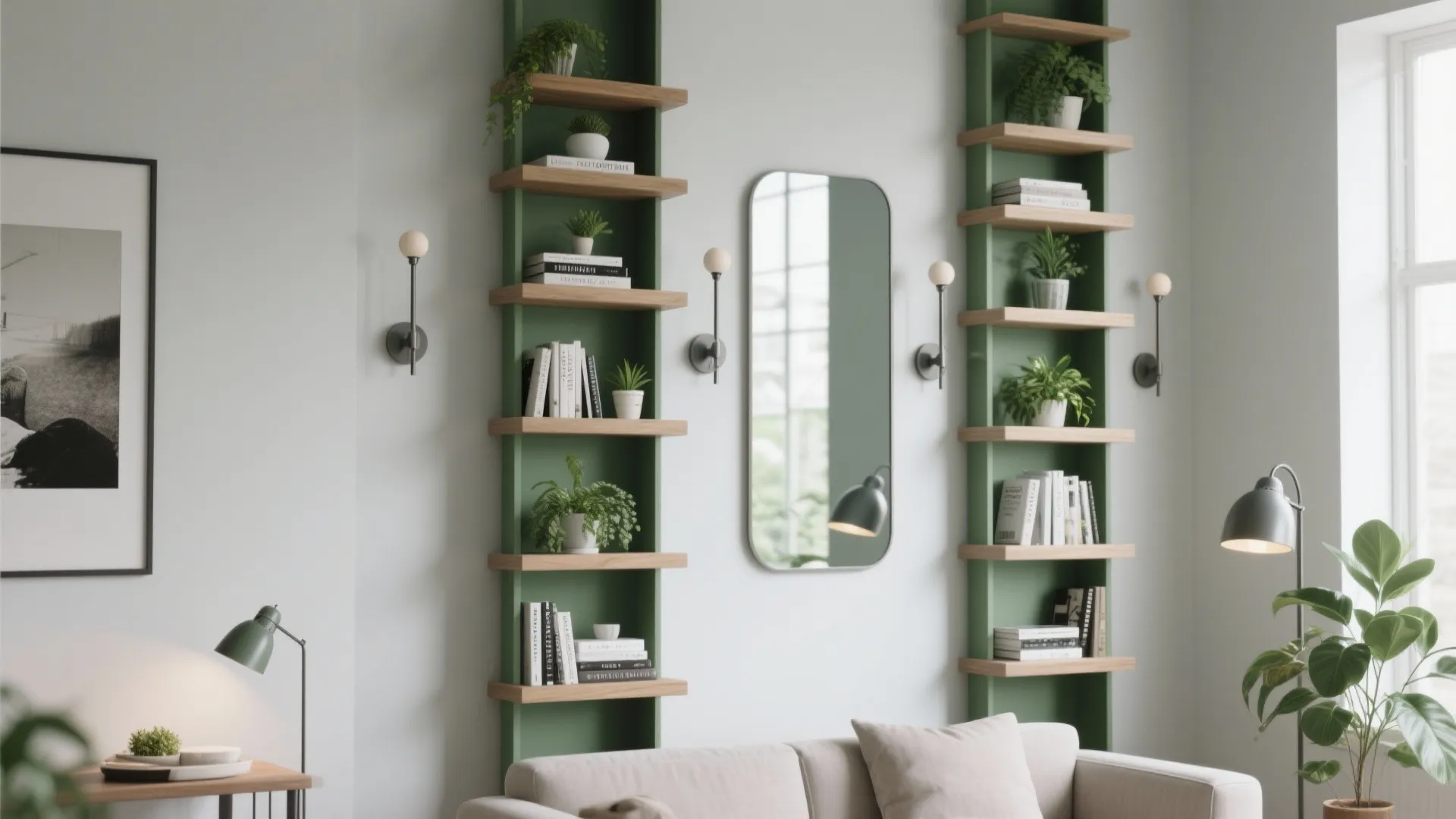 Modern white living room wall with vertical green shelves, small plants, mirror, and wall lights