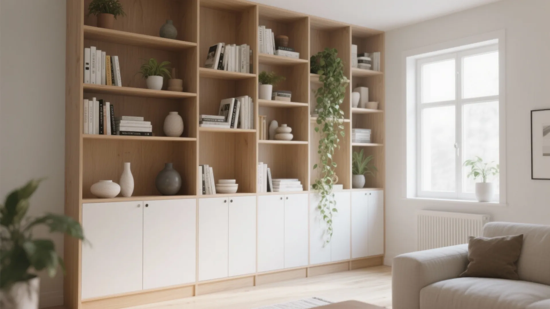 Large wooden wall bookshelf with white cabinets holding books plants and decor in bright room