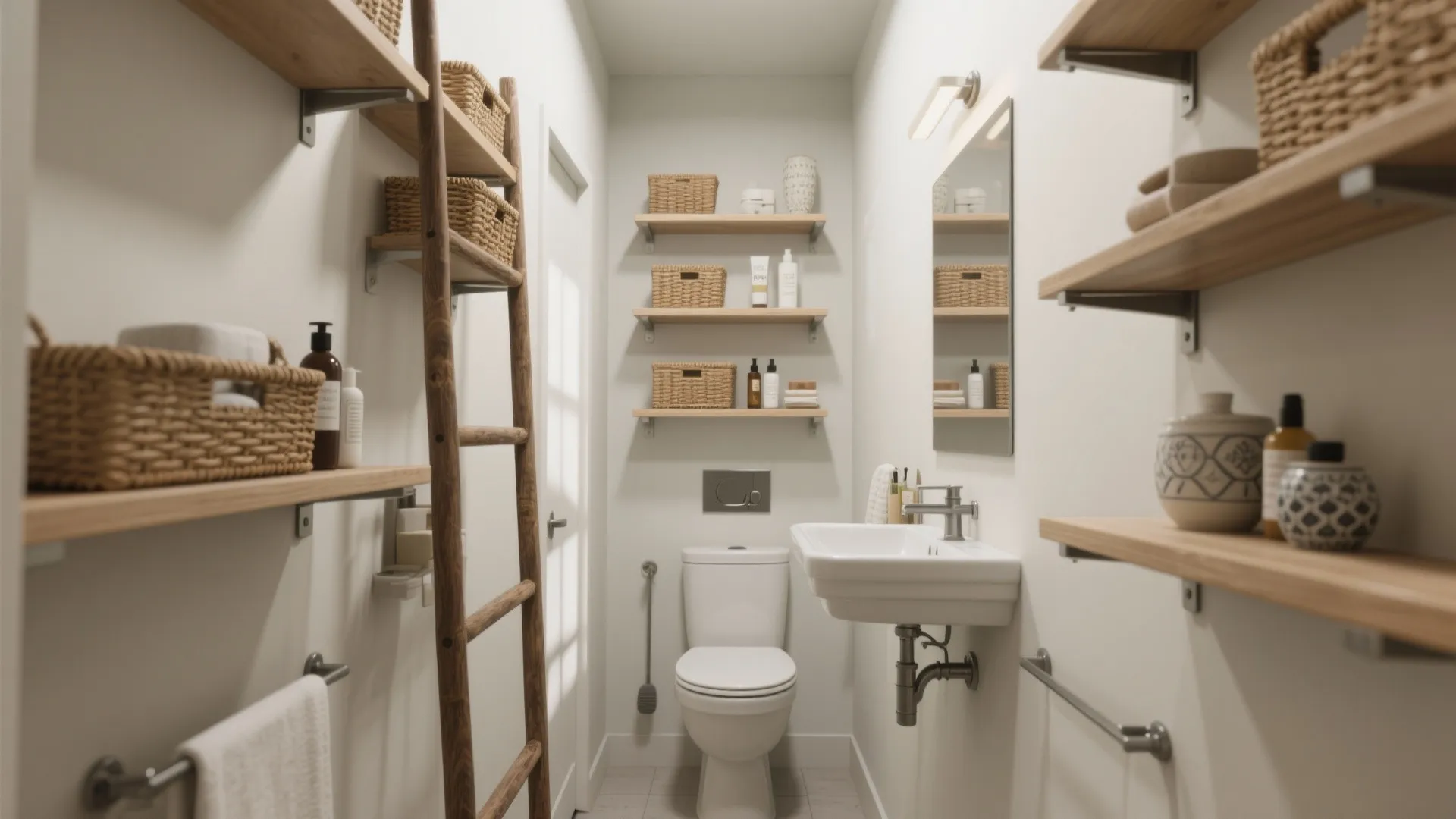 Small white bathroom featuring vertical wooden shelves with baskets a wooden ladder toilet and sink