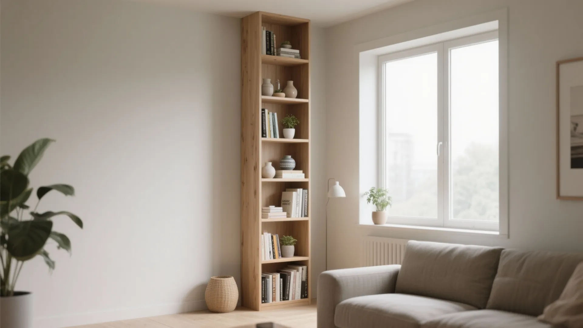 Tall wooden bookshelf with books and small plants against a white wall near a window