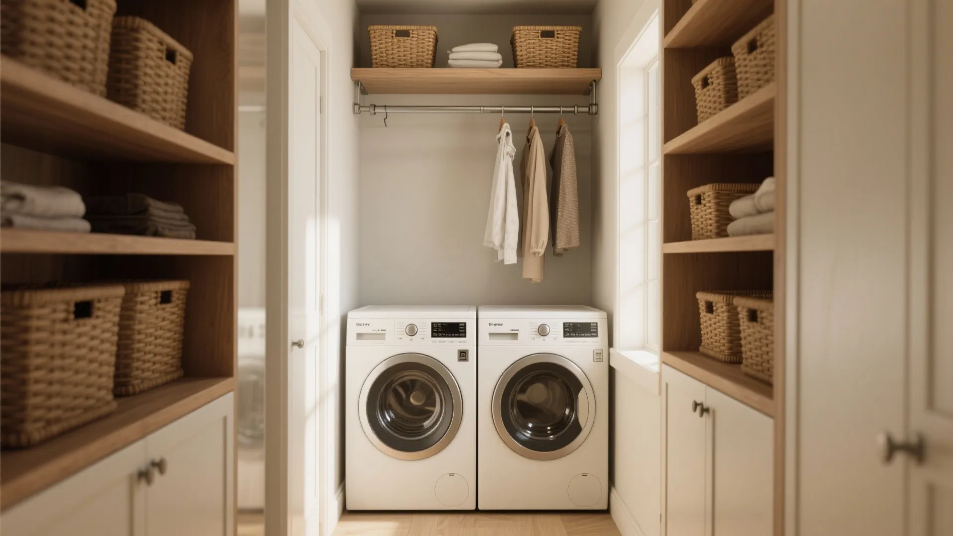 1. Go vertical: stacked shelving and hanging rails