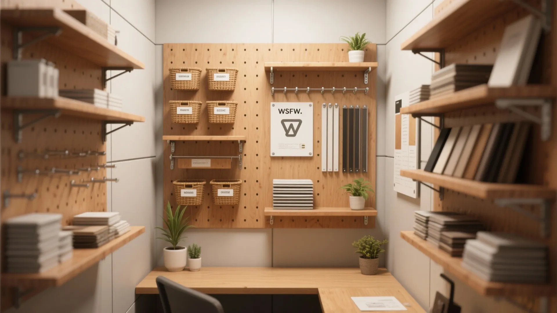 Small home office with wooden pegboard wall shelving units desk and small green potted plants
