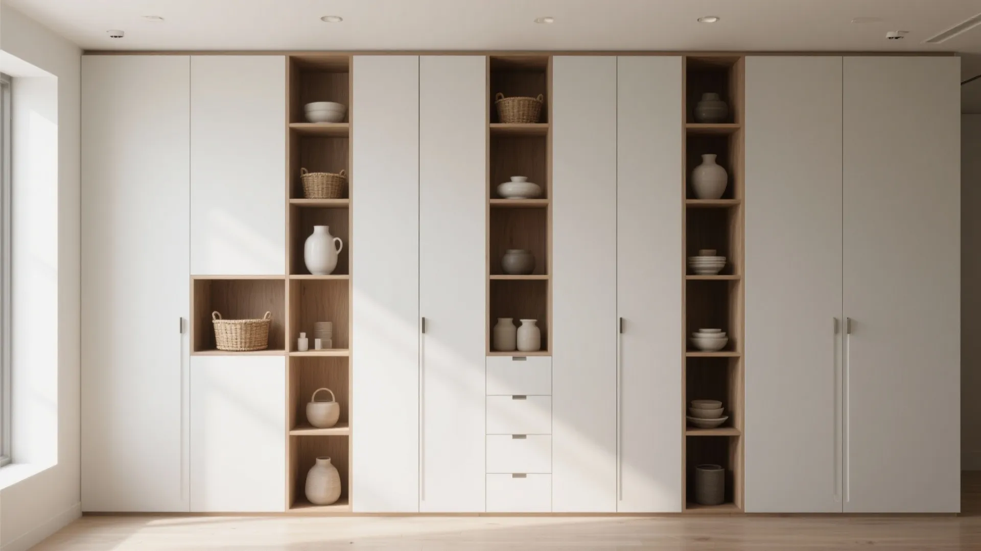 Large white wall cabinet with wood shelves displaying vases baskets and bowls in bright room