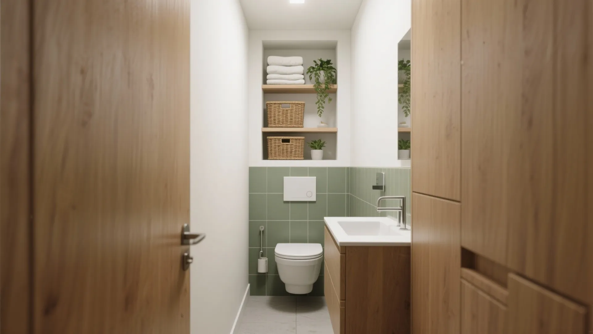 Modern small bathroom with green wall tiles white toilet wooden cabinet sink and open shelves