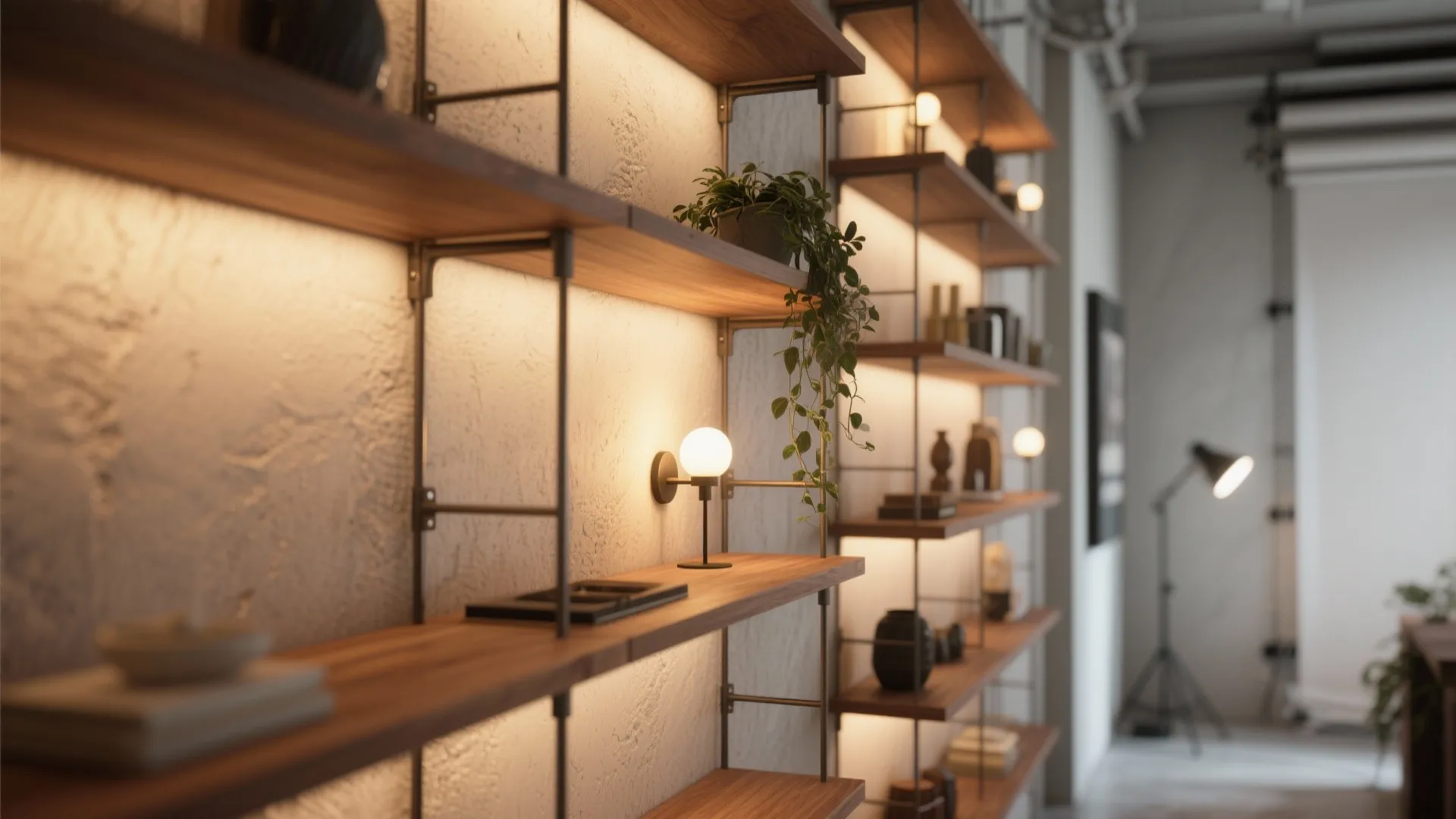 Close-up of staggered open shelves and layered wall lighting creating vertical emphasis in a small studio.