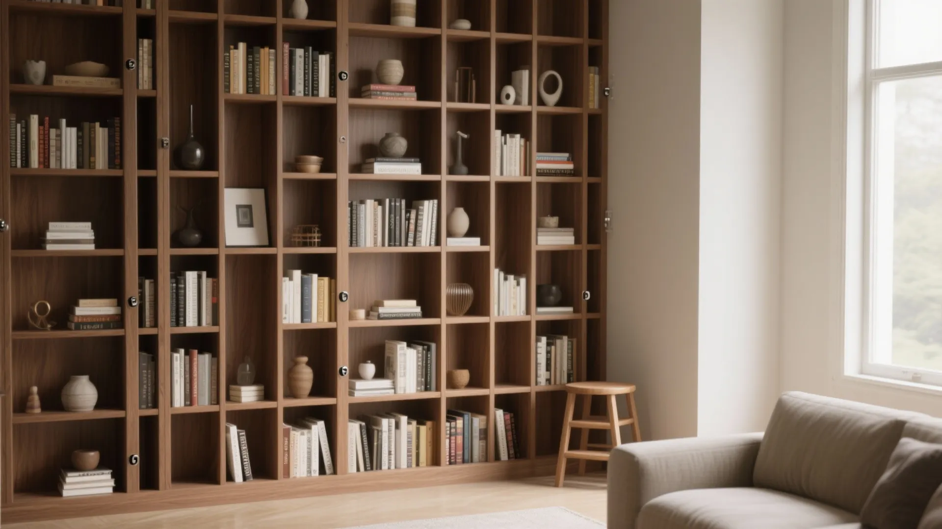 Large floor to ceiling wood cabinet filled with books and vases next to a sofa