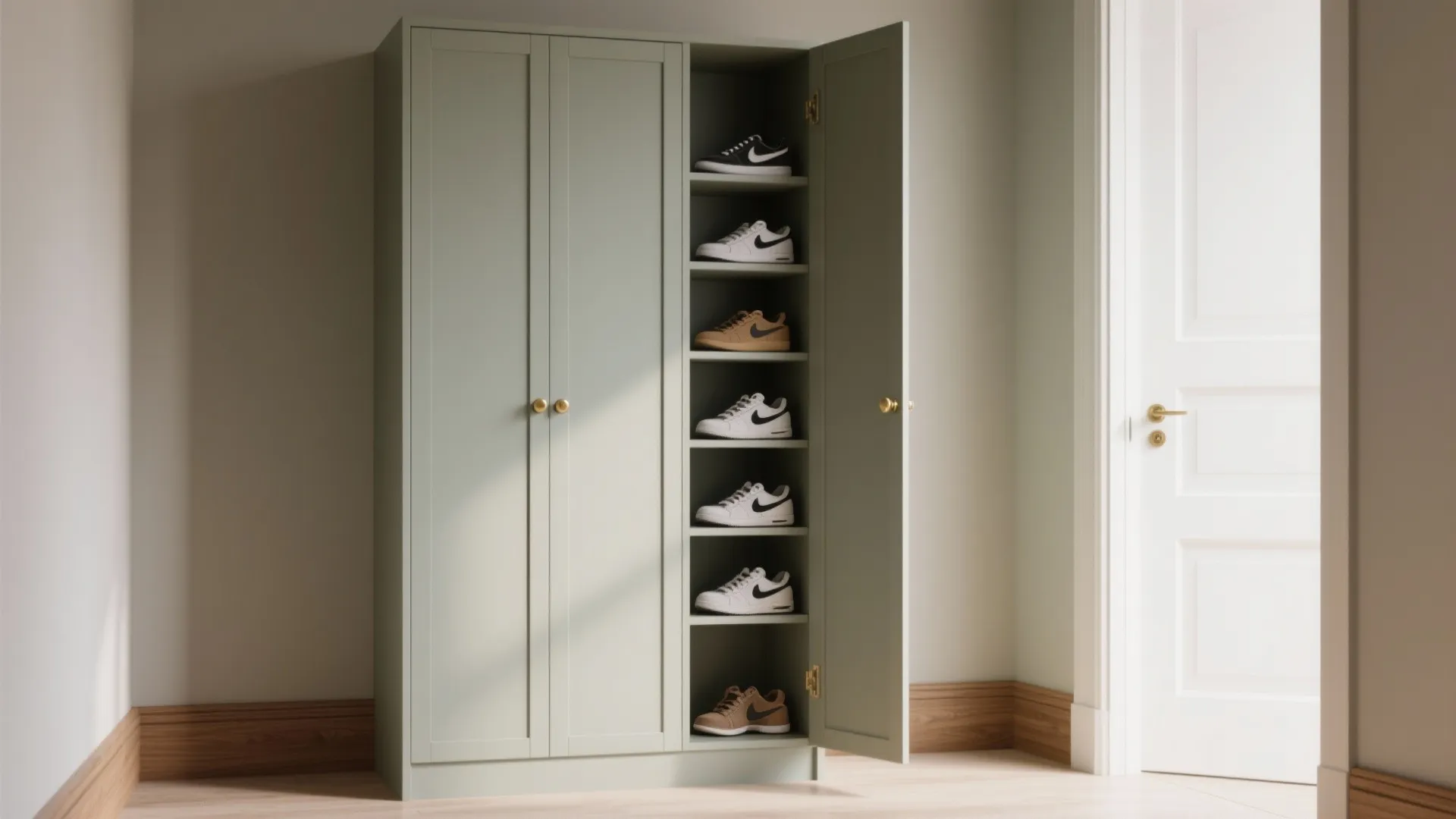 1. Slim vertical shelving that reads like furniture