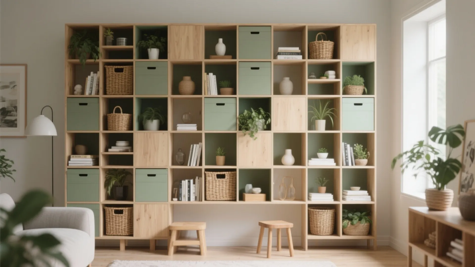 Large wooden grid shelf with green boxes baskets plants and white wall light in living room