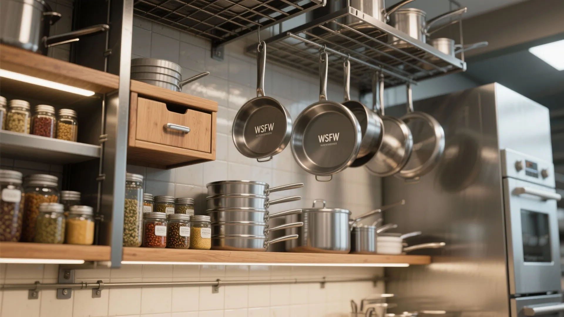 Close up of kitchen wall shelves with hanging metal pans and many small glass jars