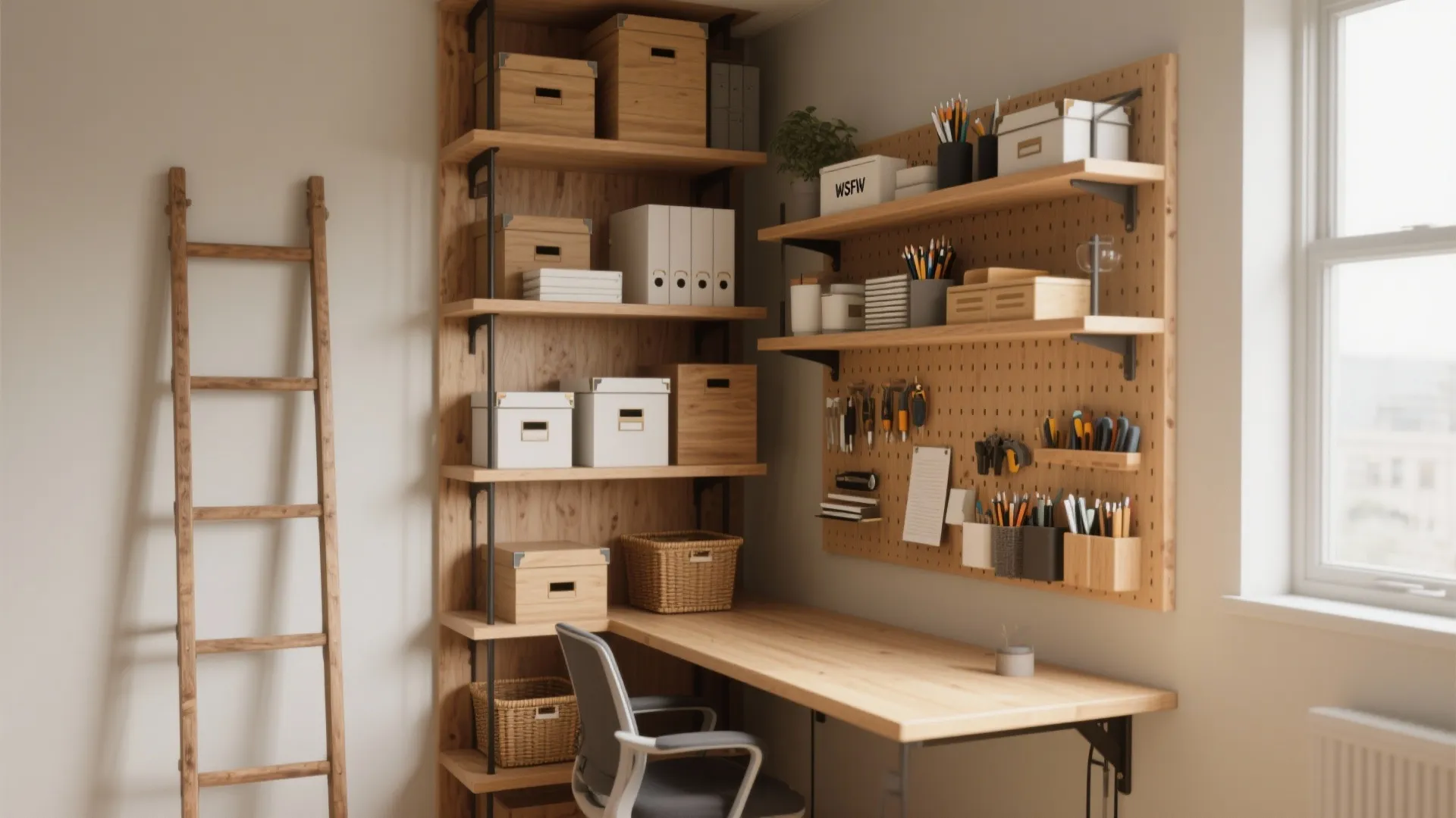 Eye-level view of tall shelving, pegboard, and a floating desk in a small office, with curated storage and a ladder.