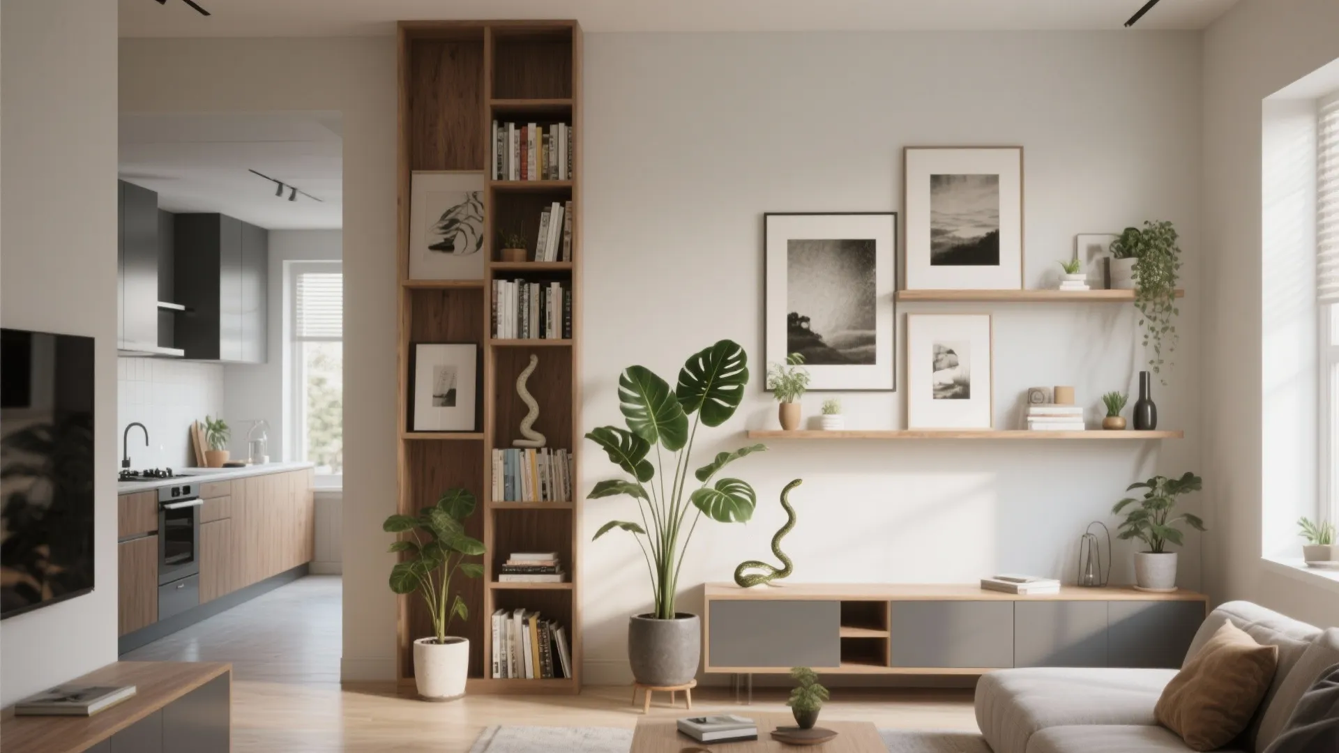 3. Lean vertical: shelving, art, and tall plants