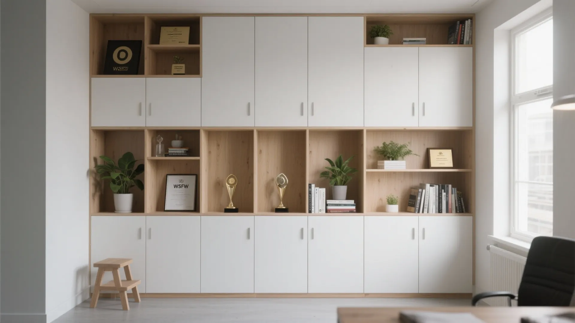 1. Vertical storage with mixed open and closed shelving