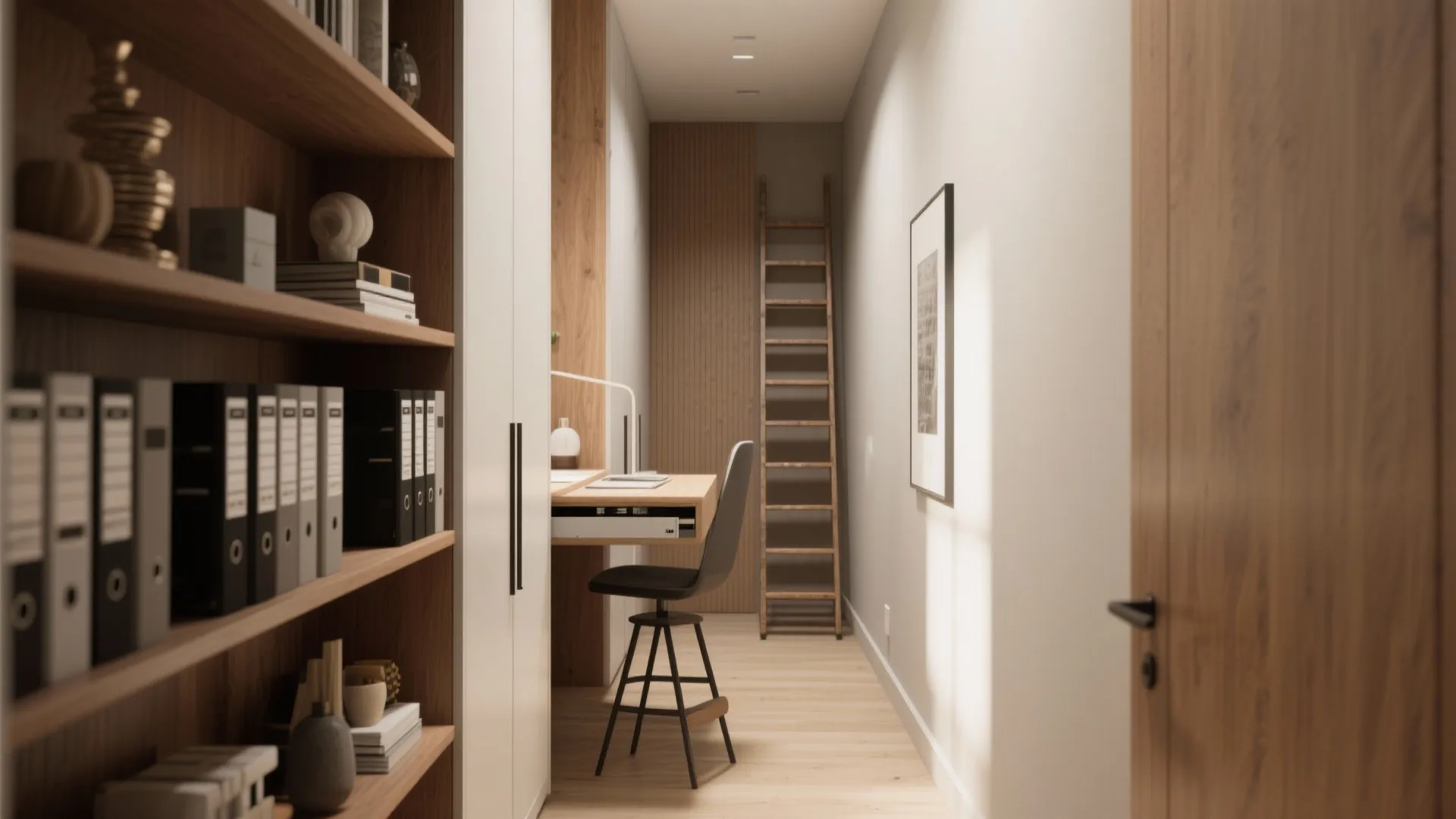 Narrow corridor with floor-to-ceiling slim cabinets and a pull-out workstation