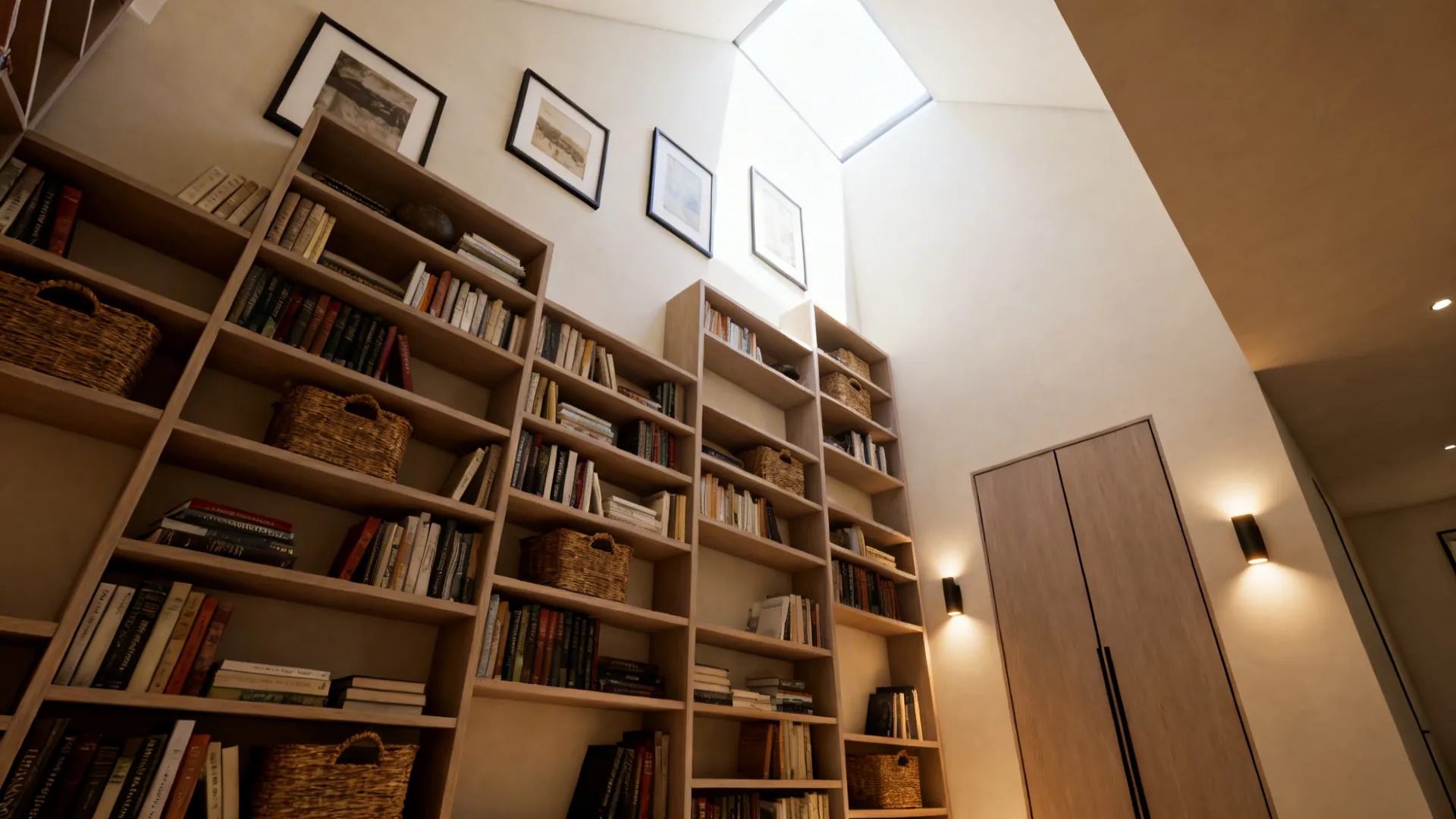 Tall asymmetric open shelving and wall-mounted lights creating a sense of height