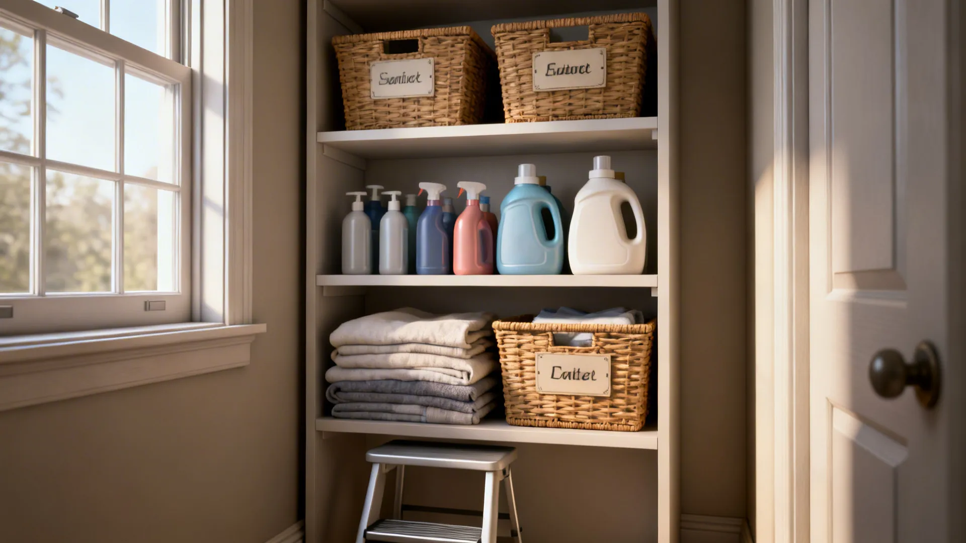 Tall vertical shelving with labeled baskets and grouped detergents in a small laundry space.