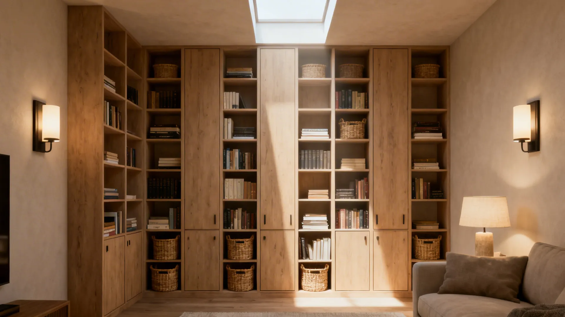 Tall open shelving and wall sconces in a small living room drawing the eye upward