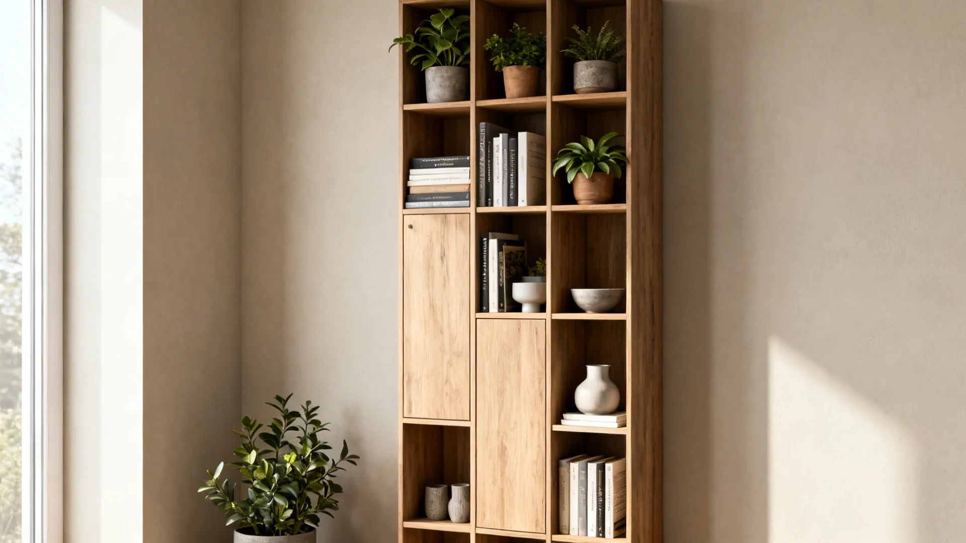 Tall slim shelving in a corner styled with plants, books and ceramics.