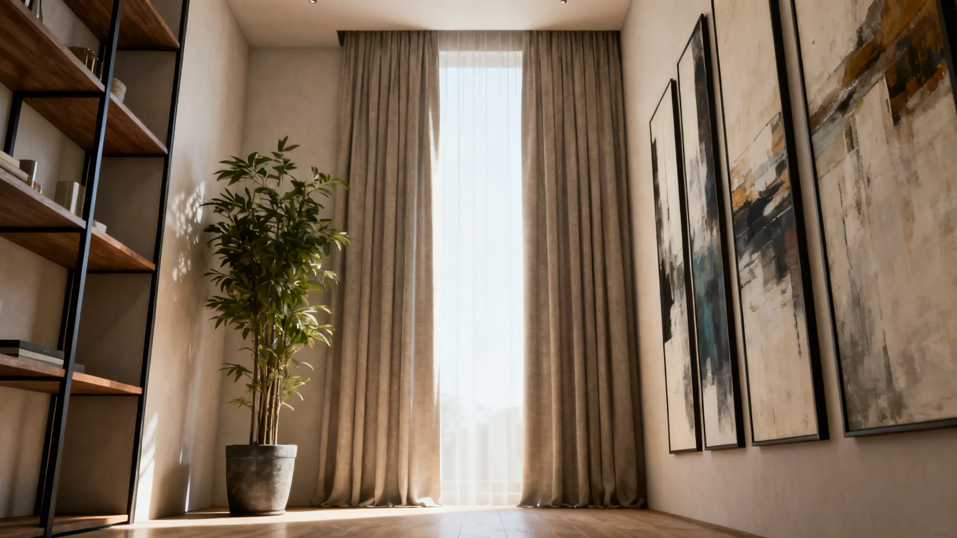 Slim floor-to-ceiling shelving and tall curtains that draw the eye upward to increase perceived height.