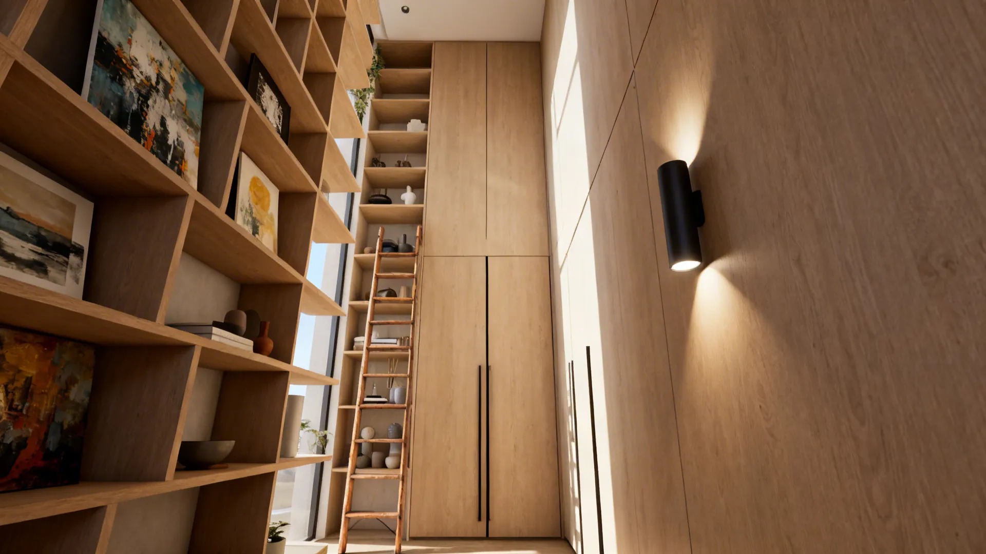 Tall shelving and vertical wardrobe drawing the eye upward in a small room