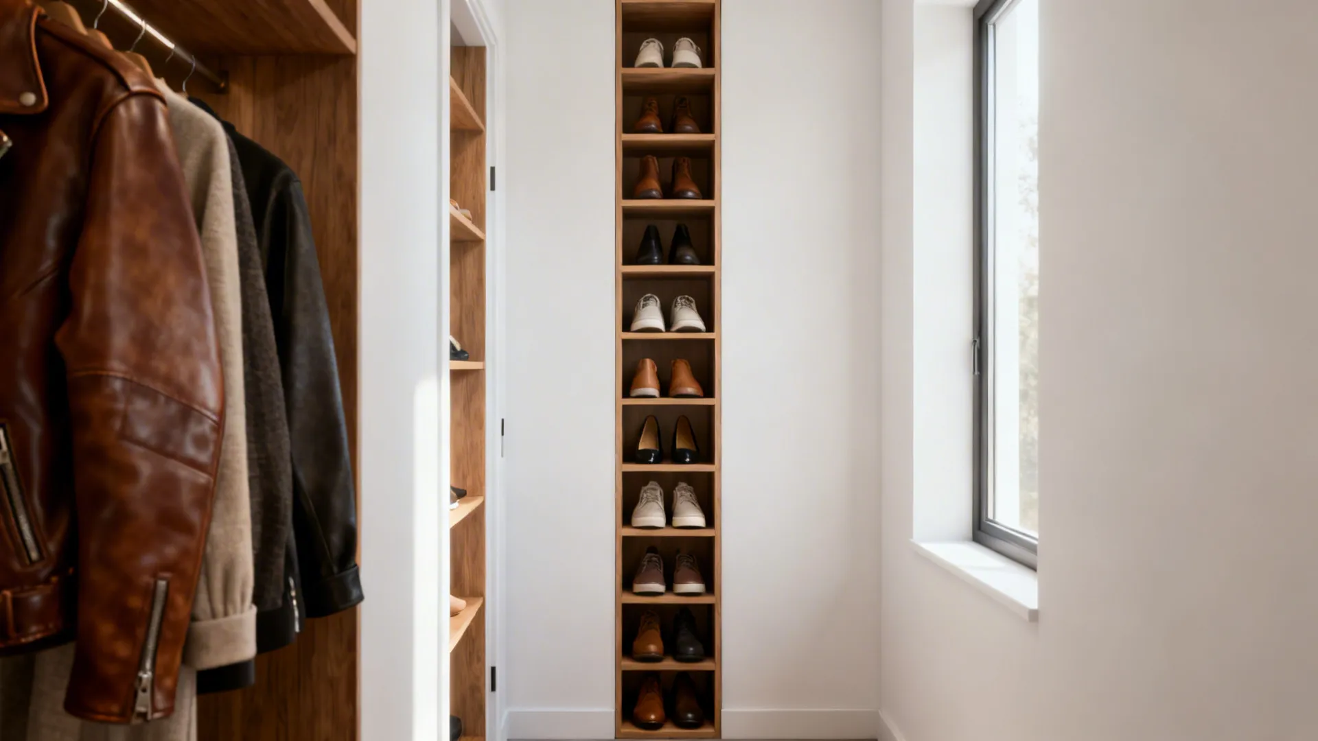 Narrow vertical cubby shelving in a hallway holding neatly arranged shoes