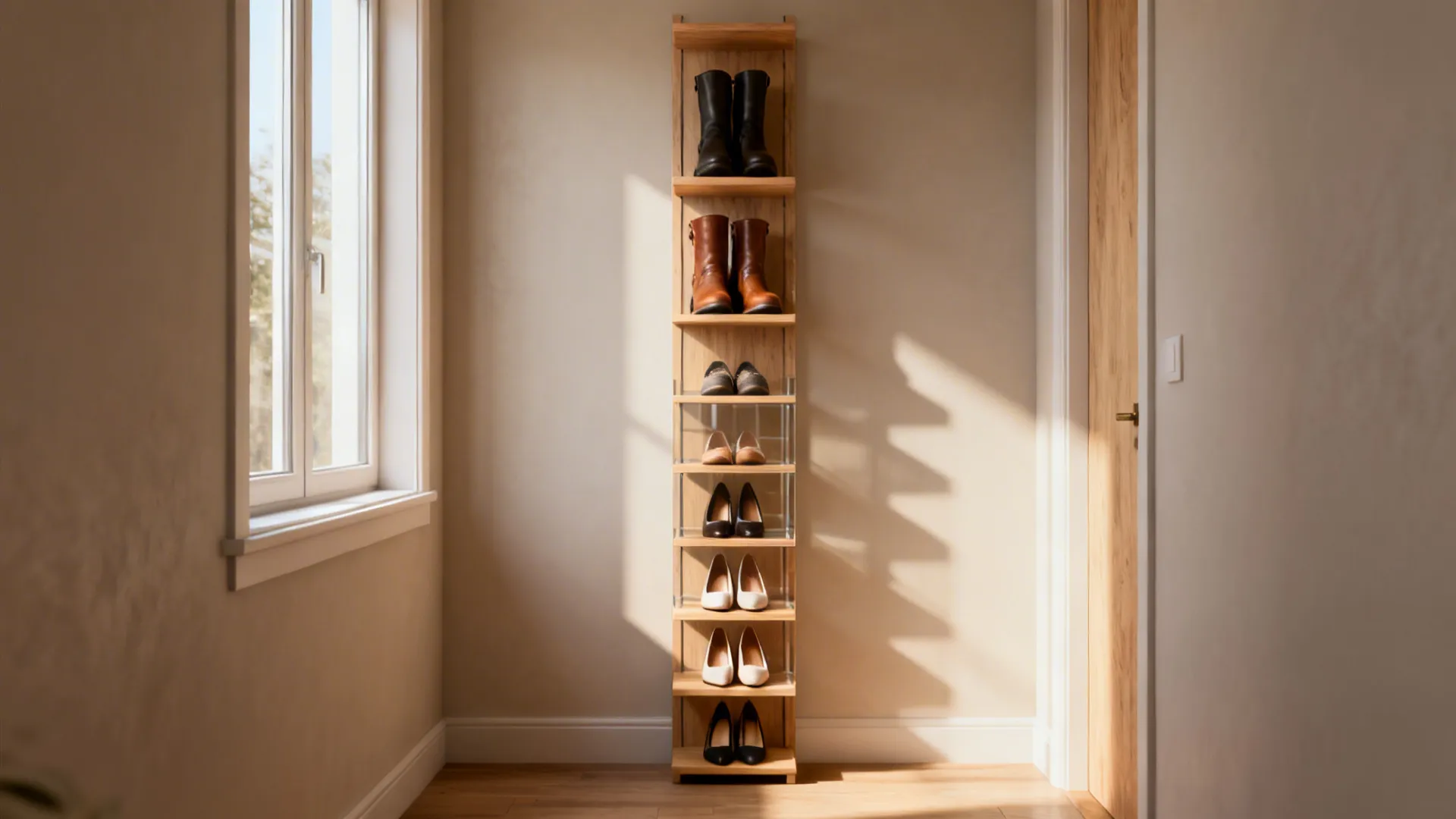 Slim floor-to-ceiling shoe shelving in a hallway holding boots, flats and heels.