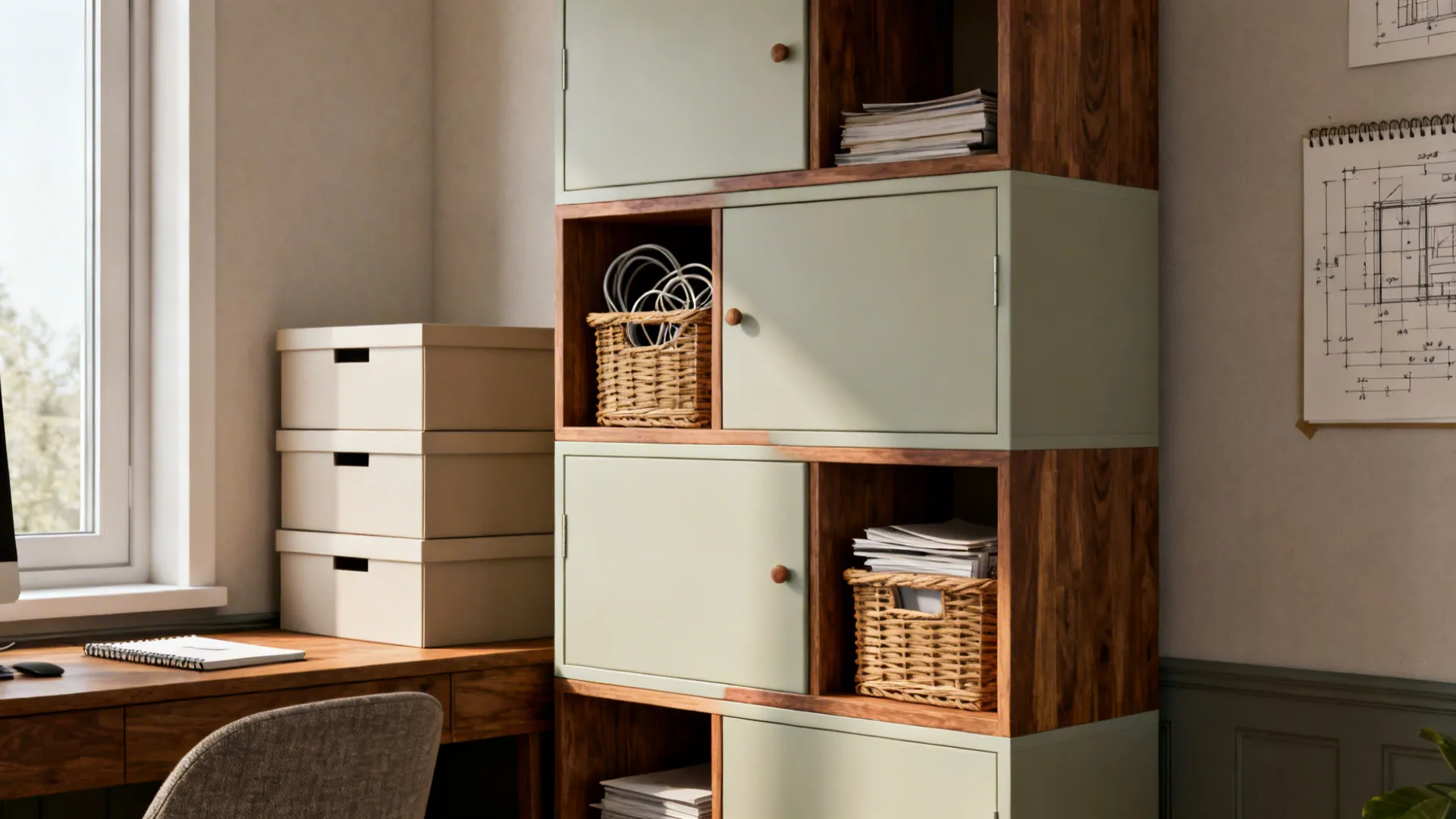 Tall shelving with open cubbies and light-colored closed cabinets keeping cables hidden