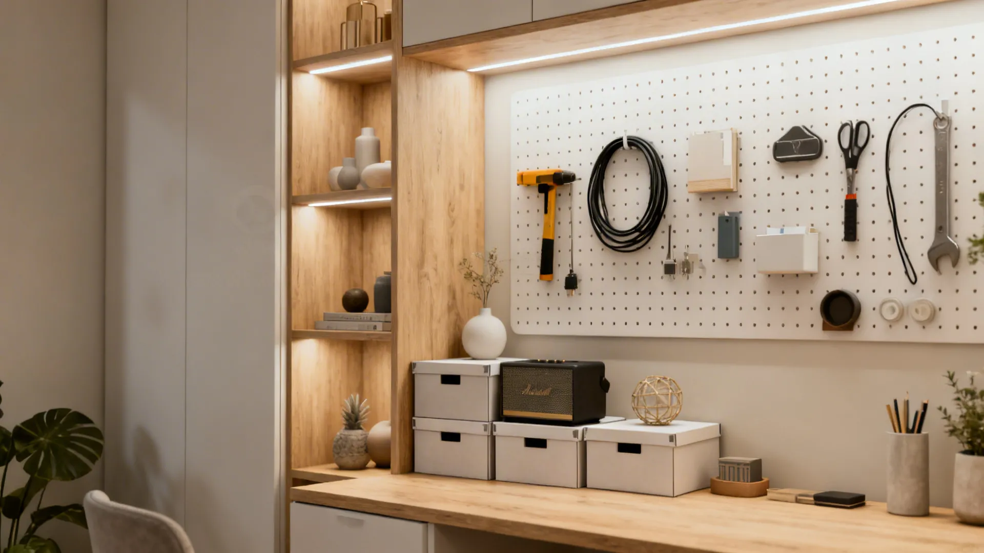 Organized vertical shelving and pegboard in a small home office with grouped storage and minimal decor.