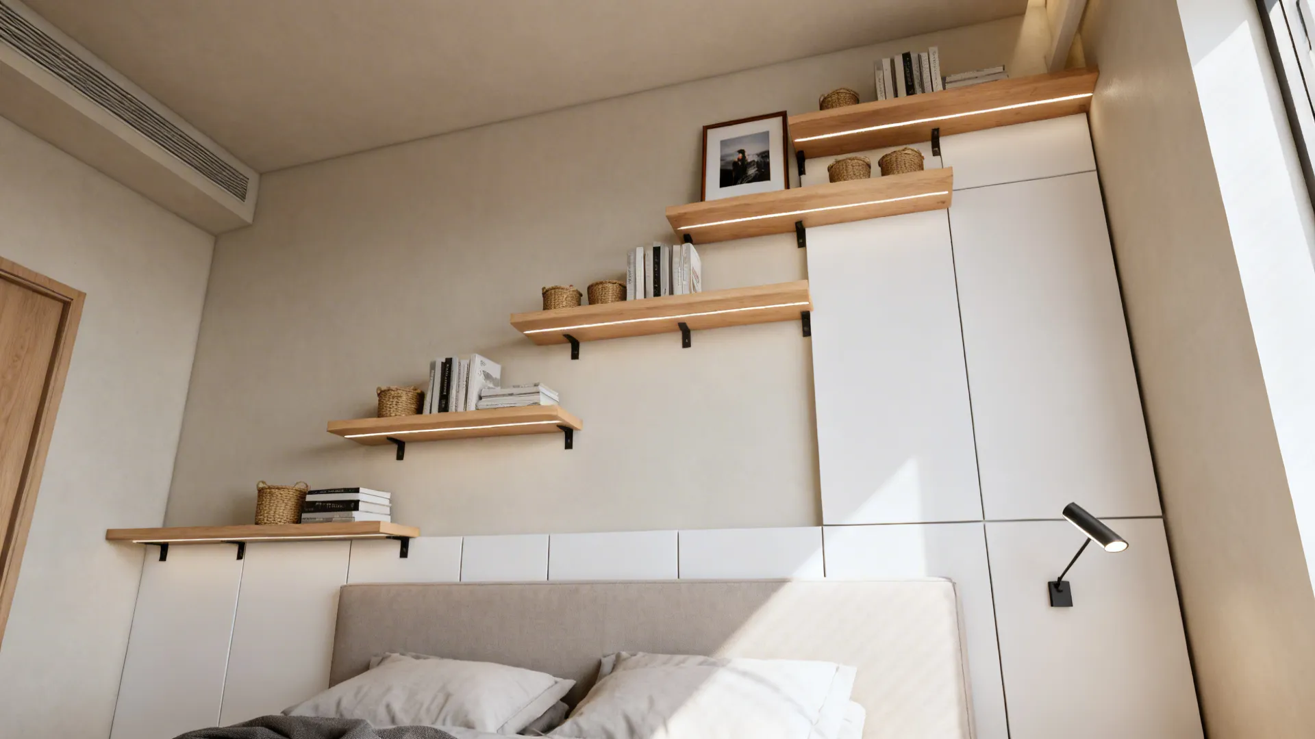 Slim wall-mounted cabinets and floating shelves above a bed, drawing the eye upward.