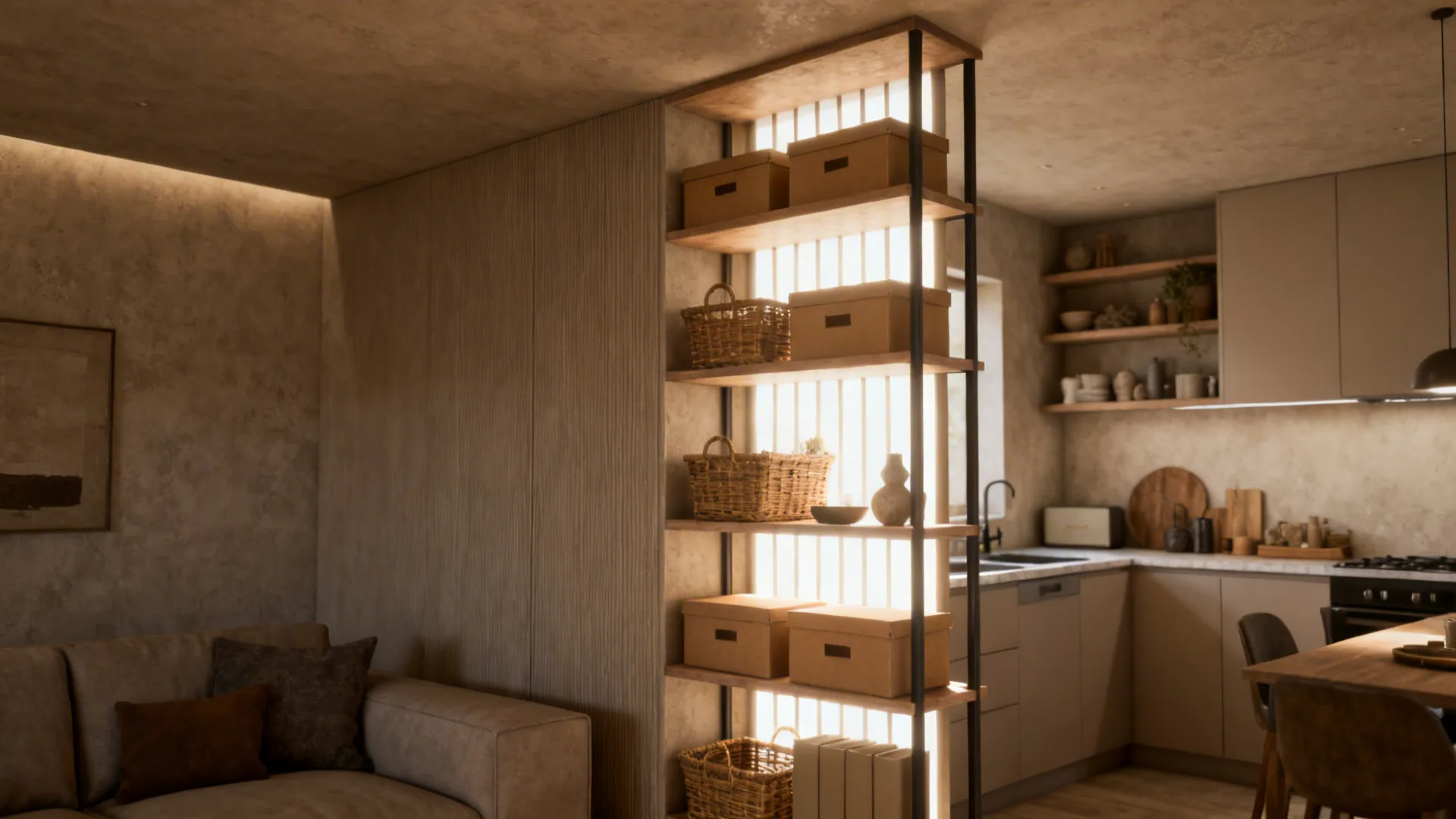 Tall open shelving dividing a small living area and kitchen, styled with baskets and decor.