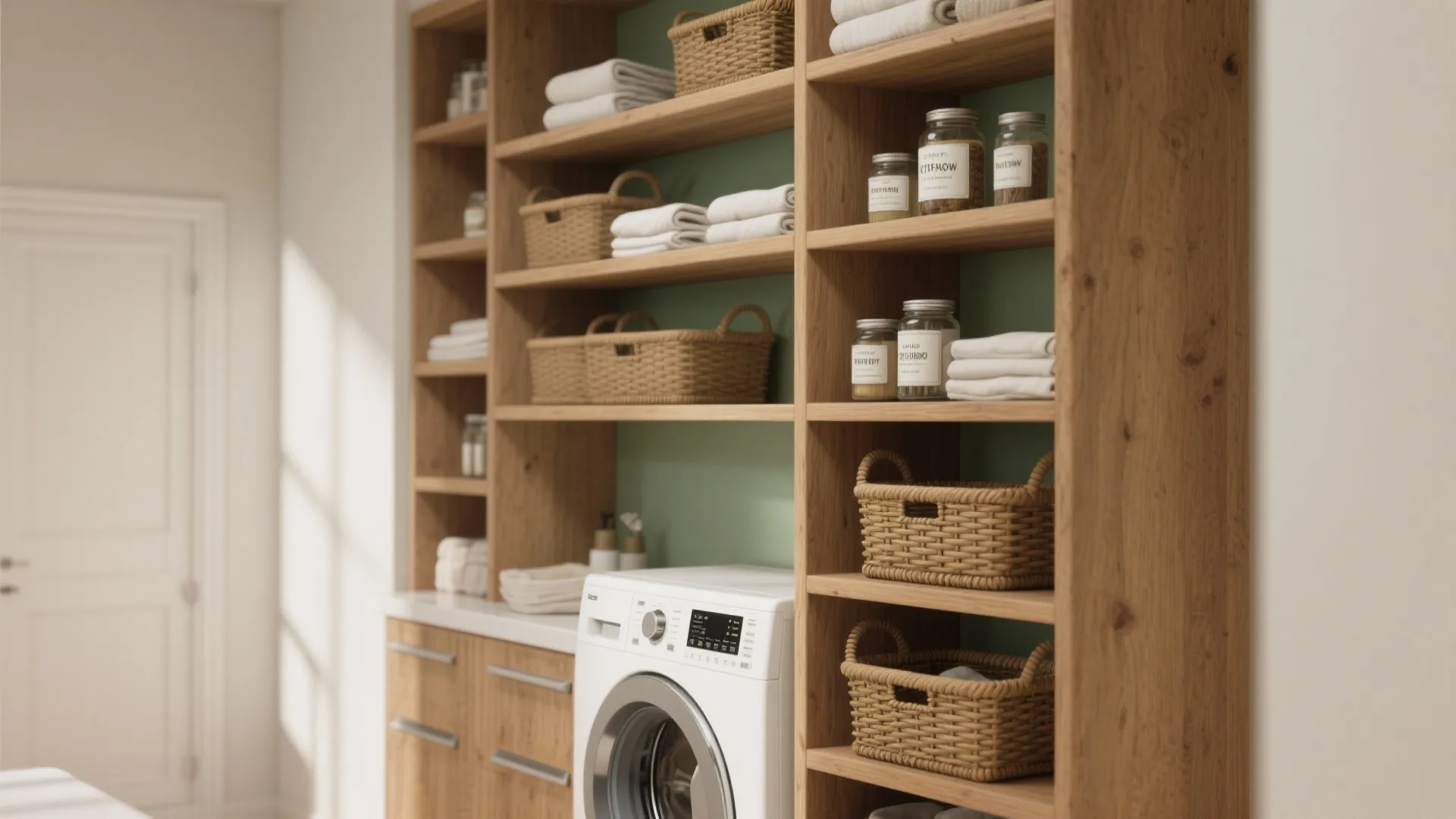 2. Vertical shelving that follows the wall