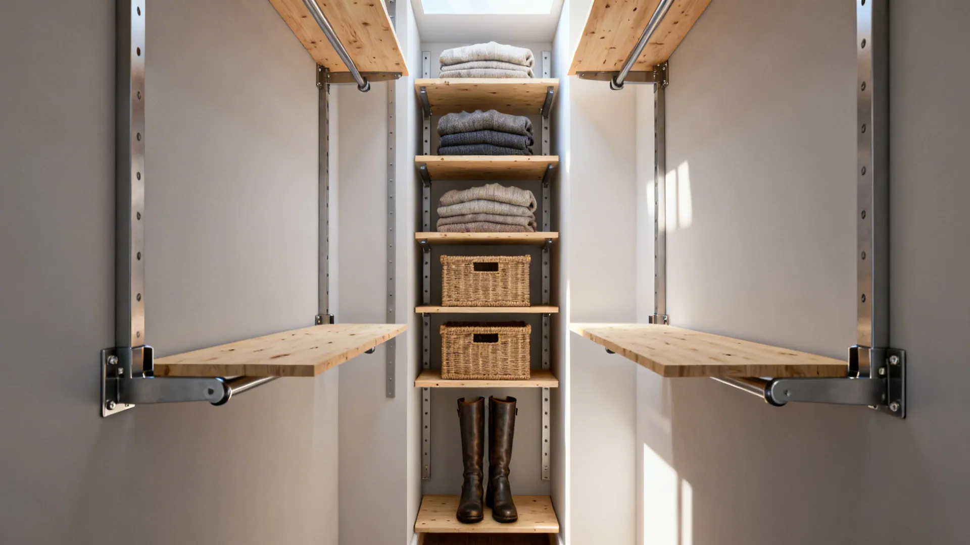 Adjustable wooden shelves in a narrow closet holding folded clothes, storage baskets, and leather boots