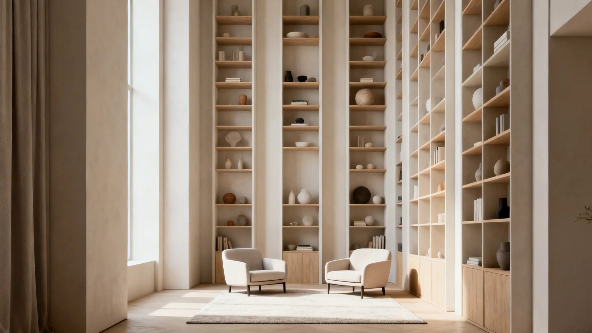 Tall narrow shelving units with two minimal armchairs in a small living room emphasizing vertical space