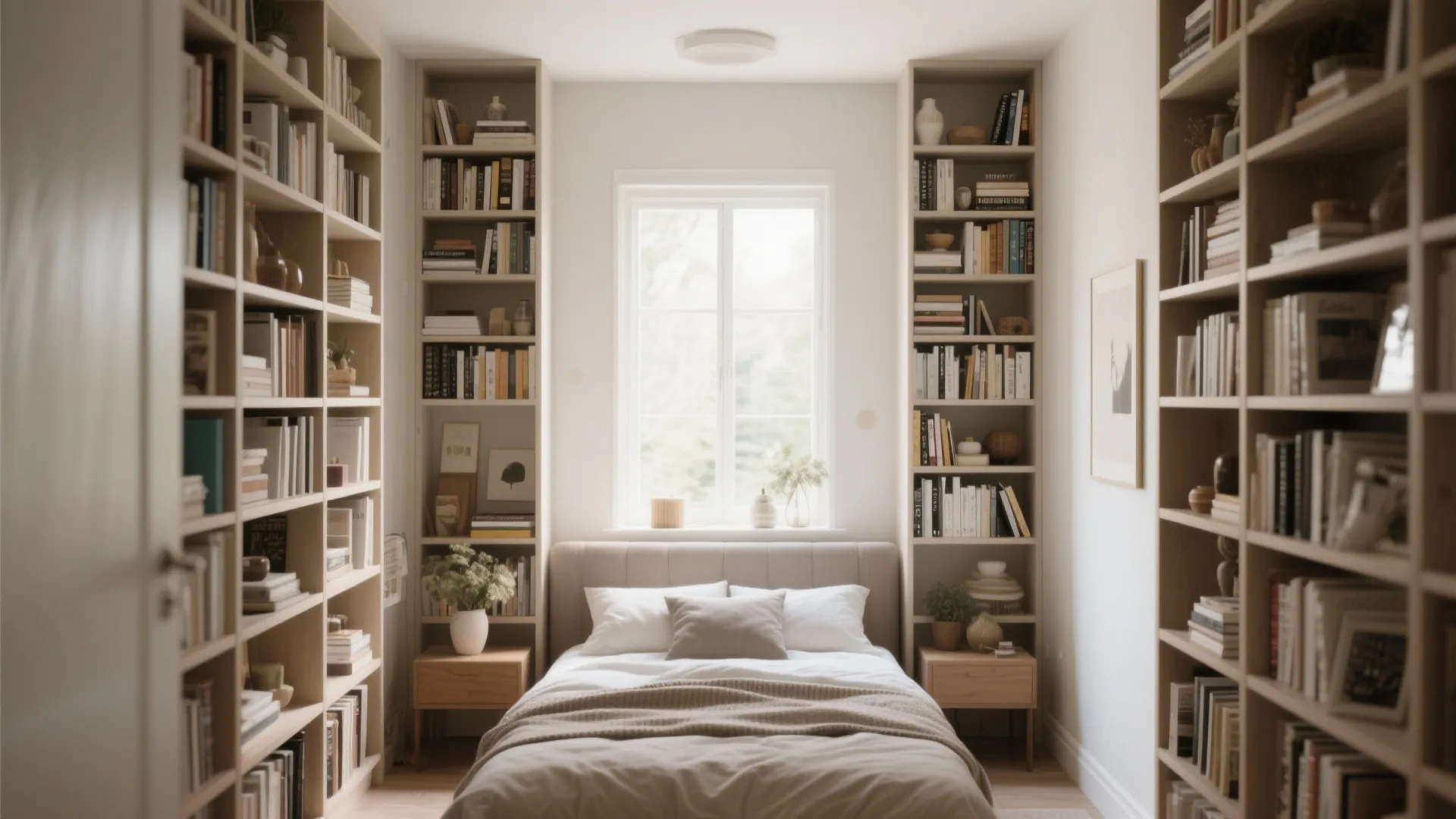 Small cozy bedroom with grey bed surrounded by tall wooden bookshelves and a bright window