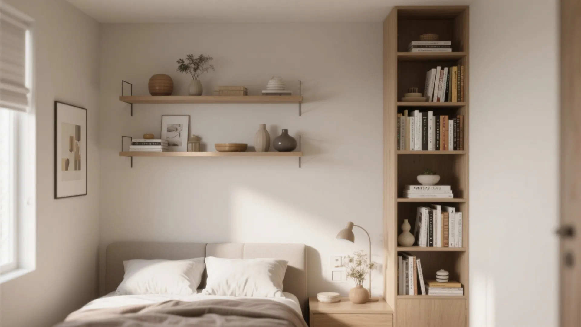 Cozy bedroom wall featuring tall wooden bookshelf and wall shelves with books and decorative items