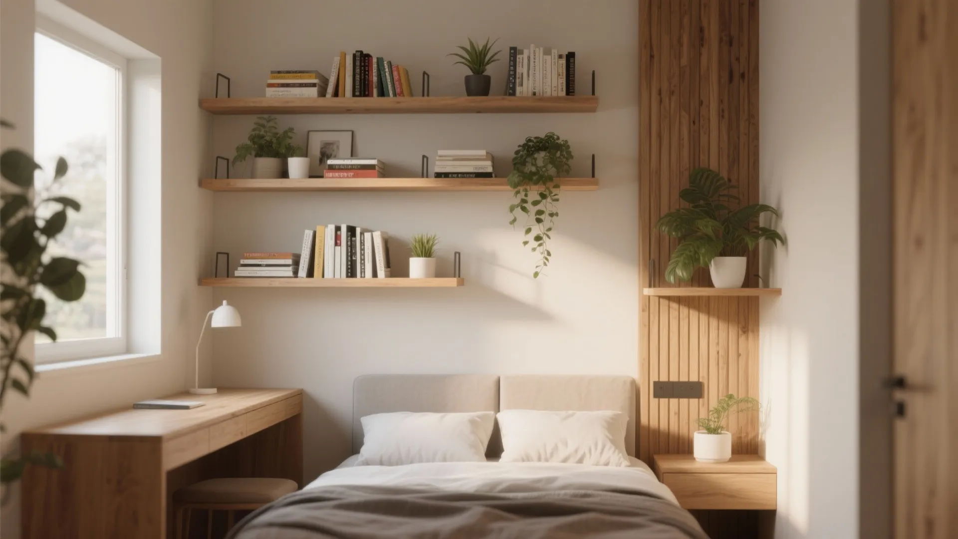 Small bedroom featuring wooden wall shelves a desk with lamp and a cozy white bed