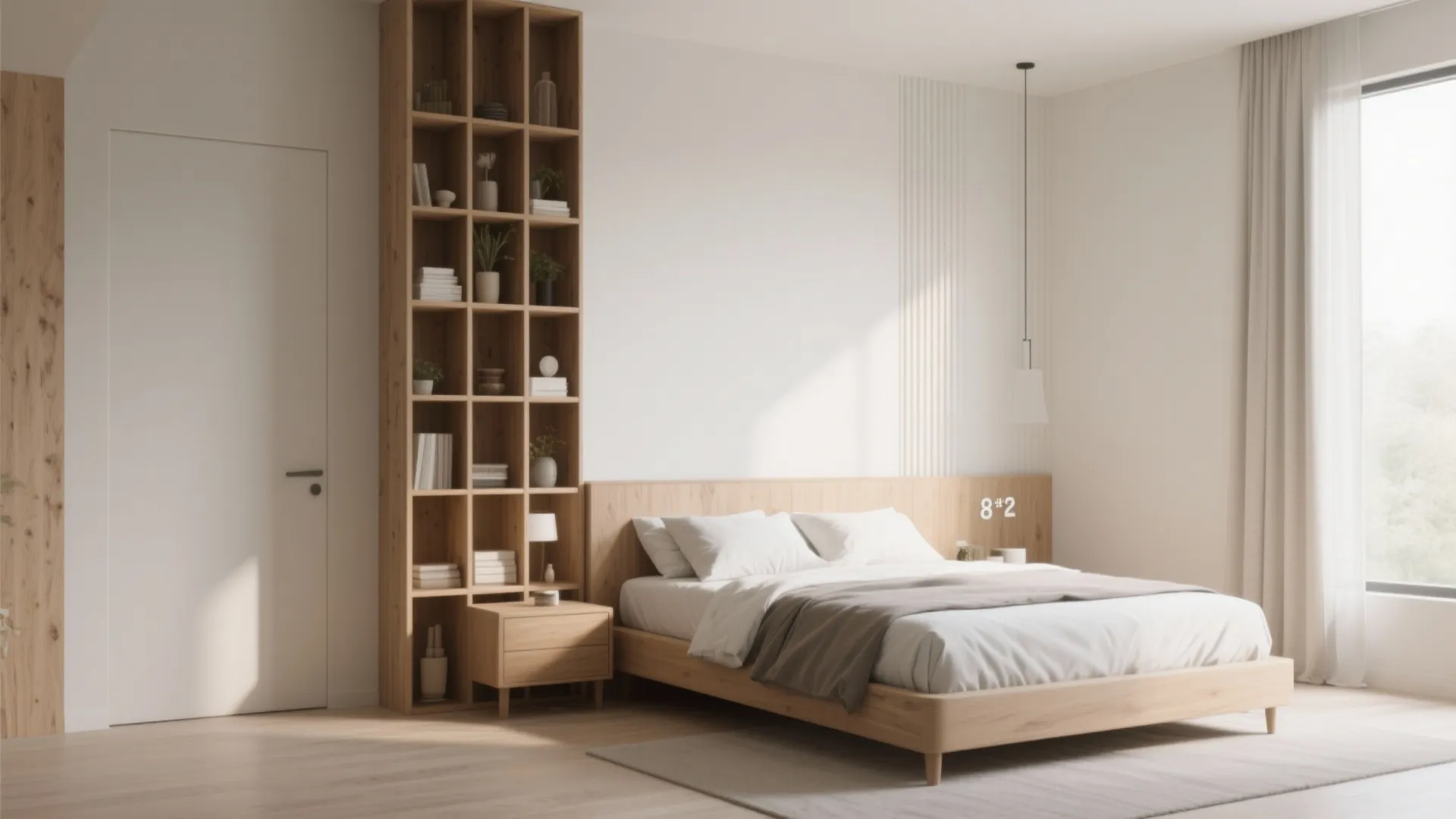 Bright bedroom with tall wooden bookshelf near bed and large window with soft white curtains