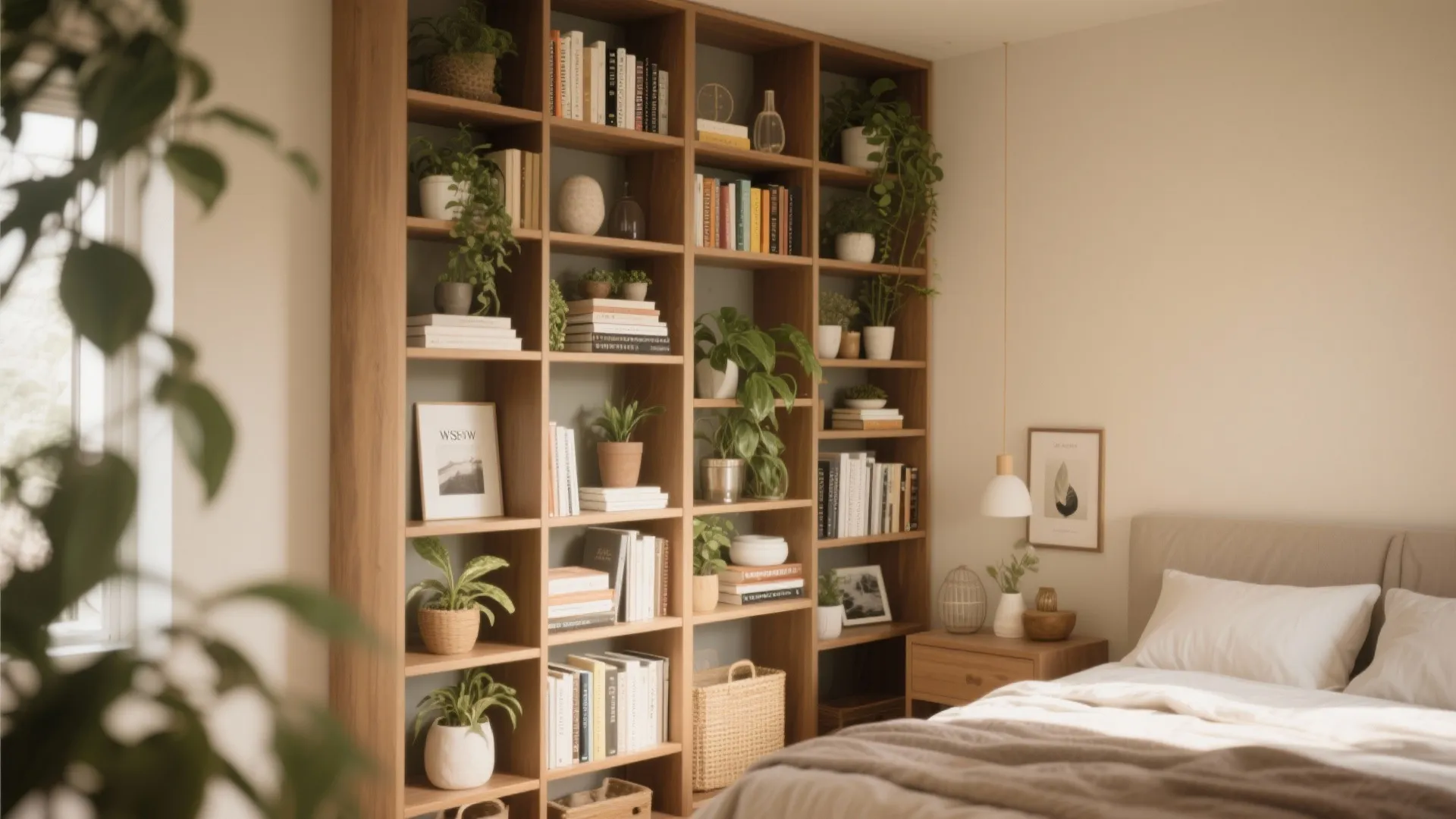 Modern bedroom featuring a tall wooden bookshelf filled with various green plants and many books