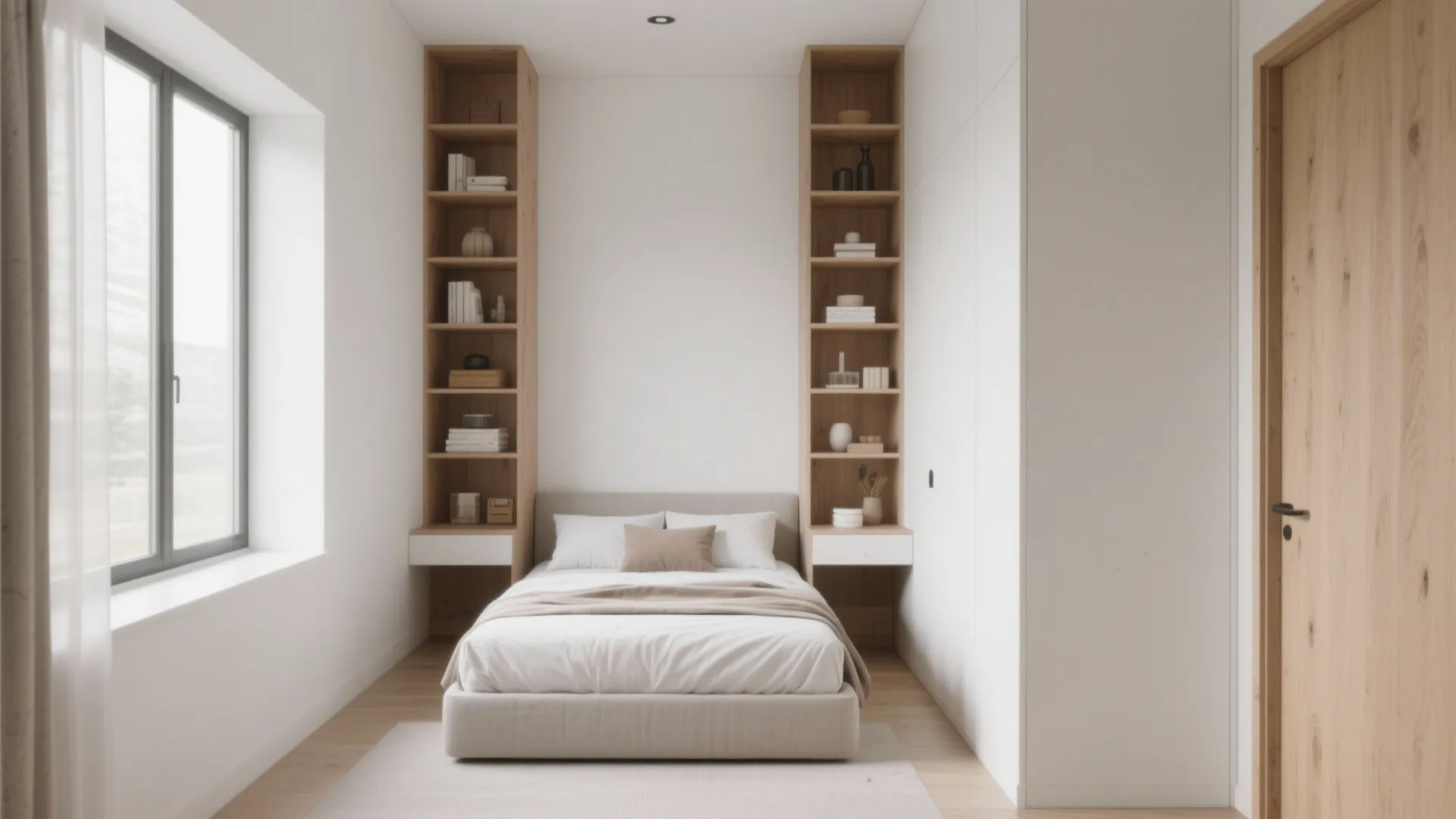 Small white bedroom with tall wooden shelving units on both sides of a grey soft bed
