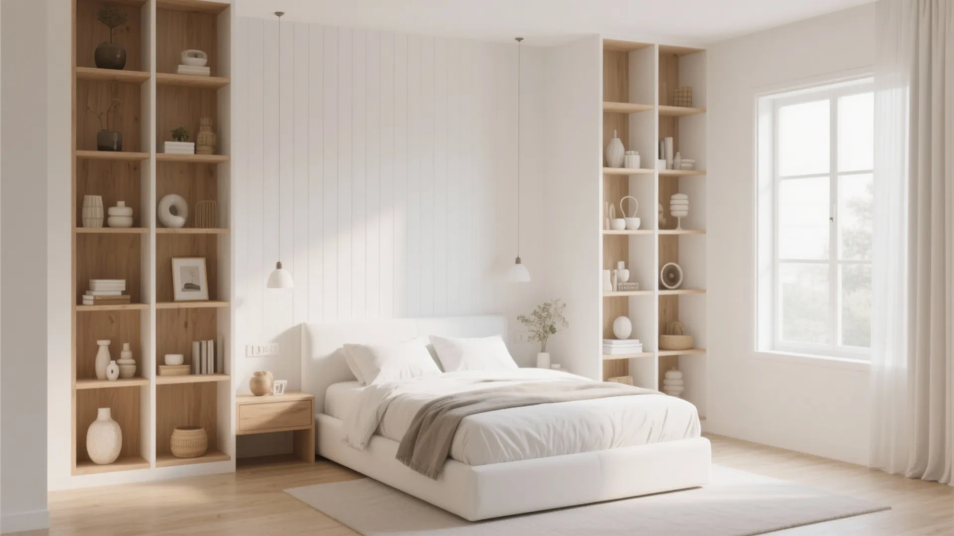 Small bedroom with full-height shelves framing the bed